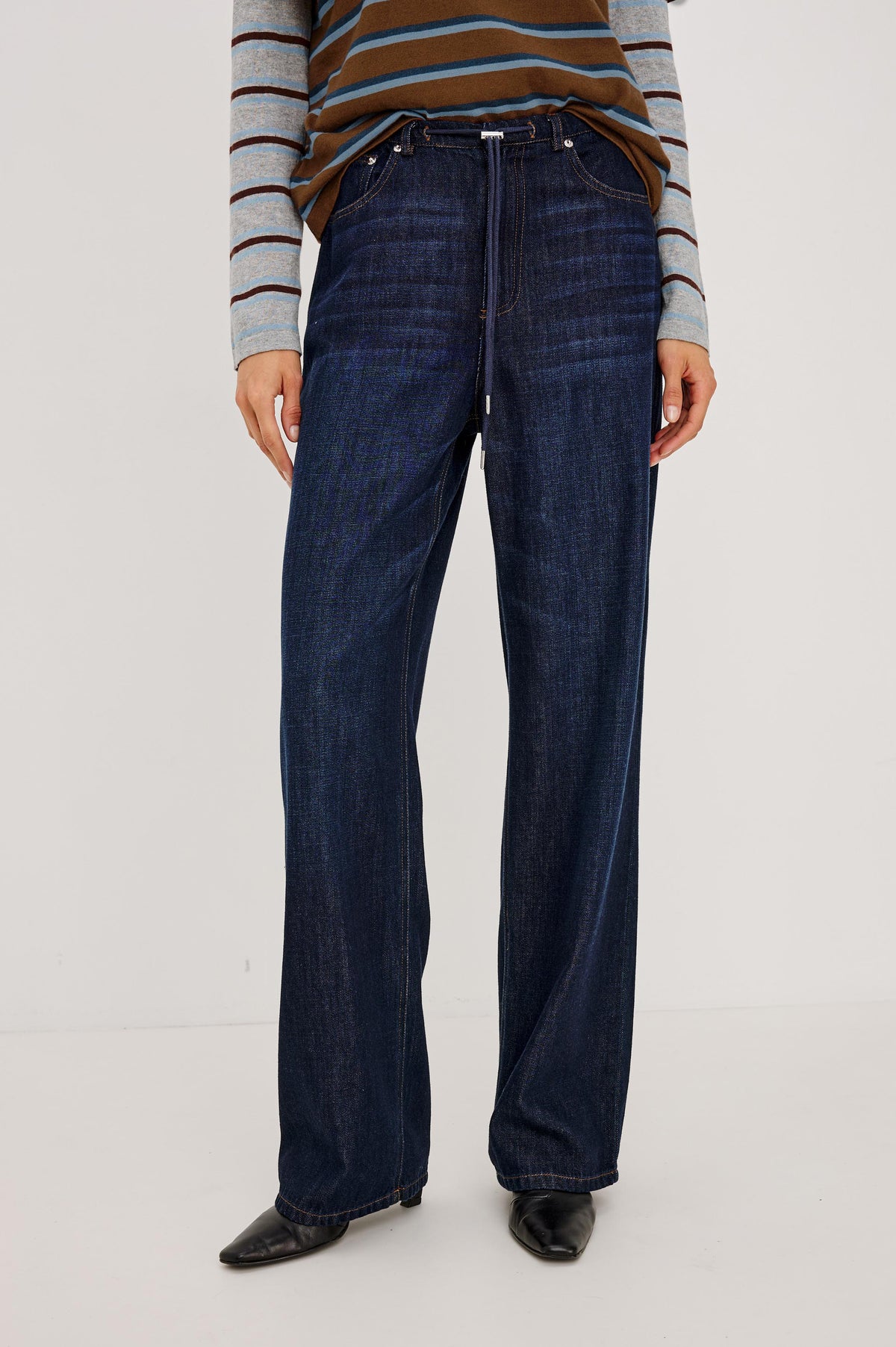 Normandie Pant in Cotton-Lyocell Blend With Relaxed Wide Legs, Drawstring Waistband, Zip Fly, and 5-Pockets in Rinse Wash Colorway -