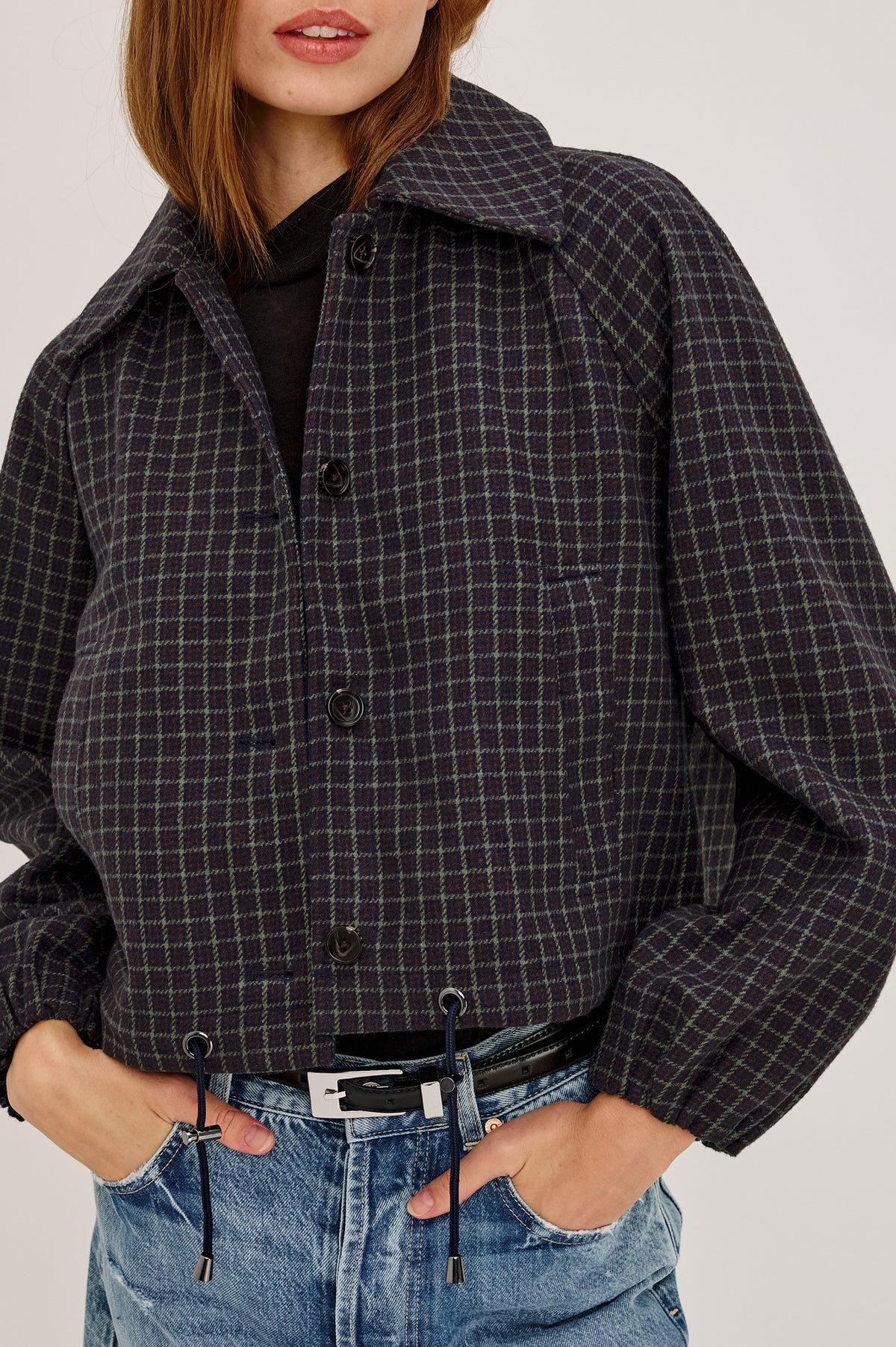 North Jacket in Wool Blend With Cropped, Boxy Fit, Drawcord Hem, Oversized Collar, Front Buttons, and Welt Pockets in Mulberry Check Colorway - Upper Body Front Detail View Featured on Model.