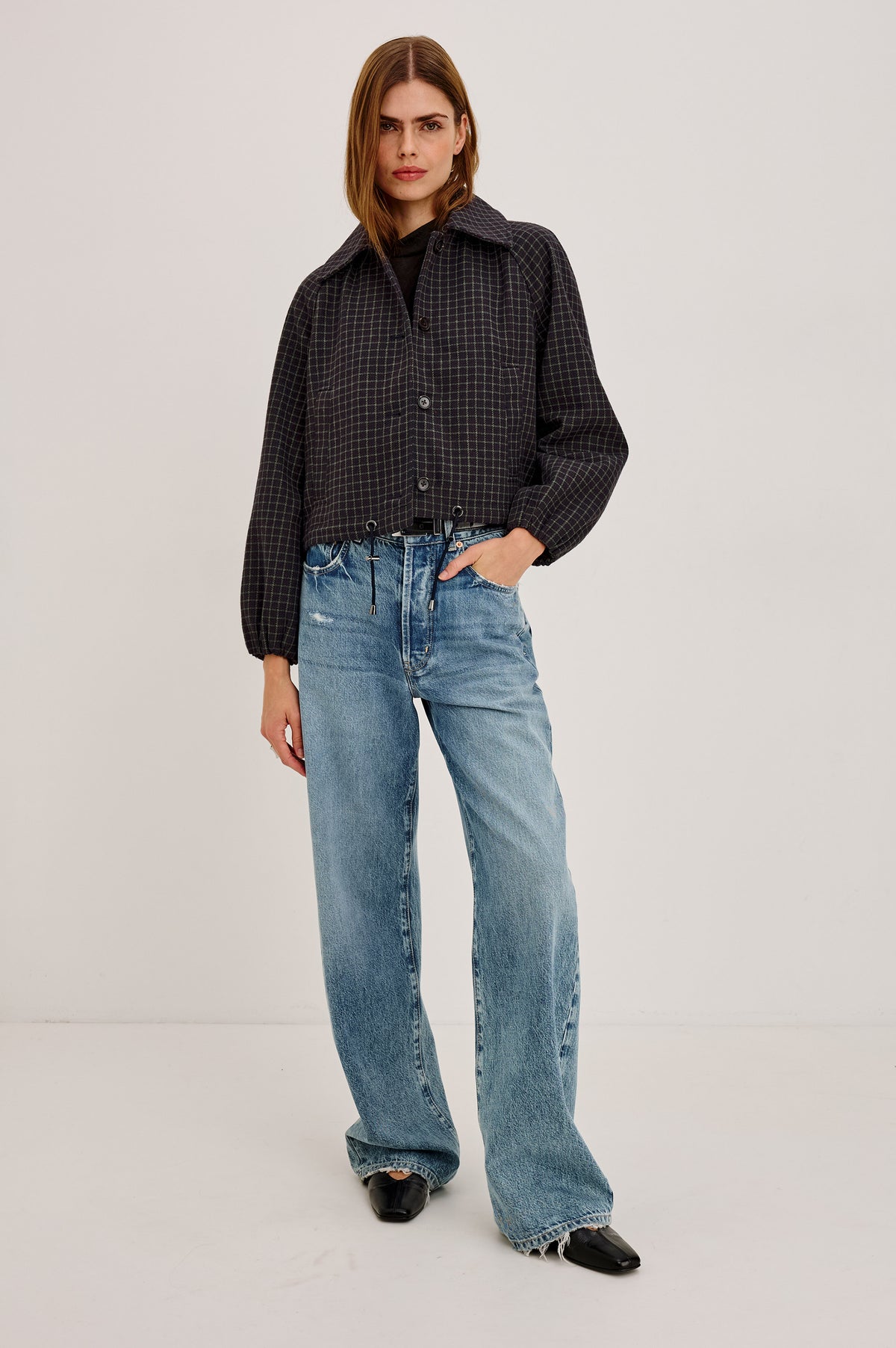 North Jacket in Wool Blend With Cropped, Boxy Fit, Drawcord Hem, Oversized Collar, Front Buttons, and Welt Pockets in Mulberry Check Colorway - Full Body Front View Featured on Model.