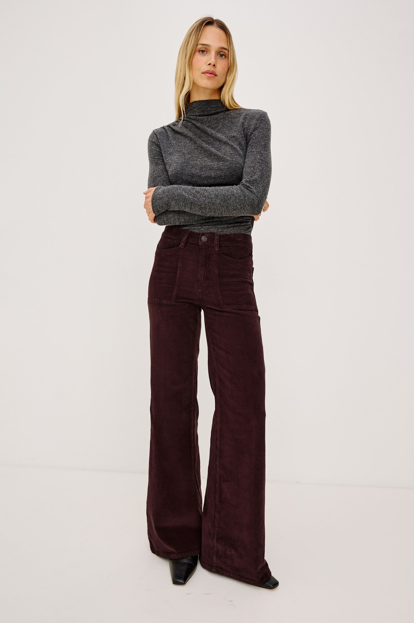 Olivos Palazzo Jean in Super Stretch Denim With High-Rise, Wide Legs, 5-Pockets, and Zip Fly in Hickory Colorway - Full Body Front View Featured on Model