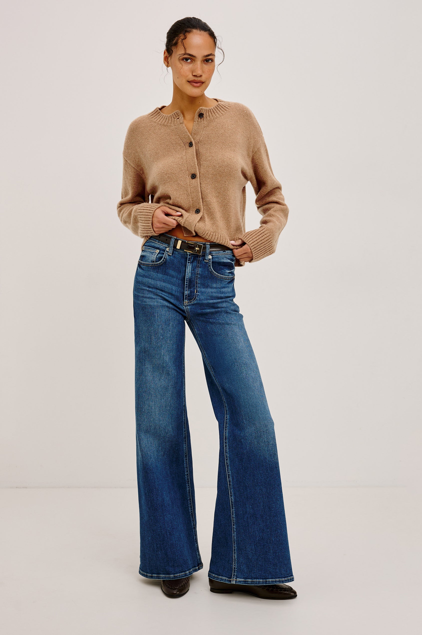Olivos Palazzo Jean in Super Stretch Denim With High-Rise, Wide Legs, 5-Pockets, and Zip Fly in Lagoon Colorway - Full Body Front View Featured on Model