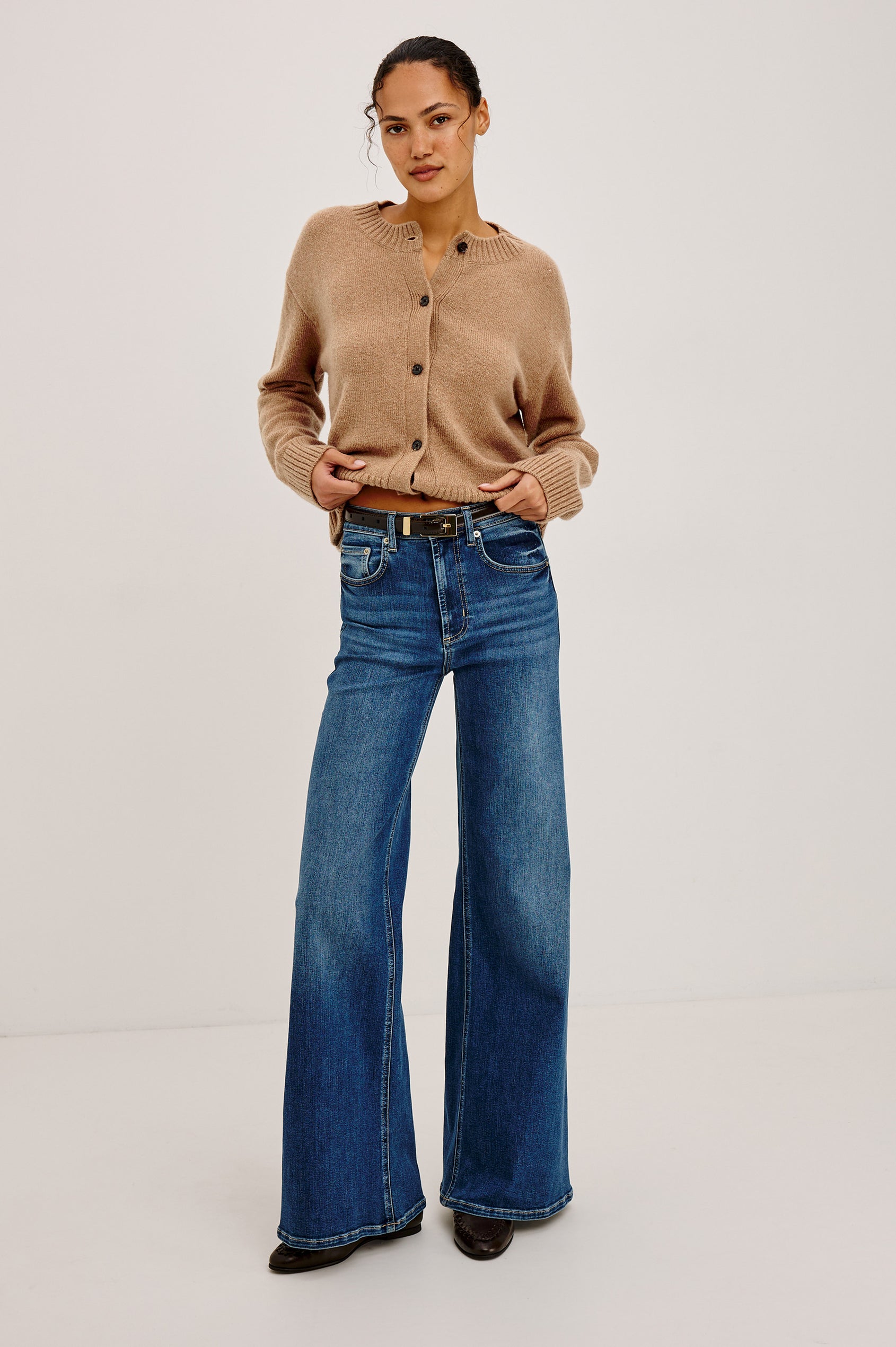 Olivos Palazzo Jean in Super Stretch Denim With High-Rise, Wide Legs, 5-Pockets, and Zip Fly in Lagoon Colorway - Full Body Front View Featured on Model