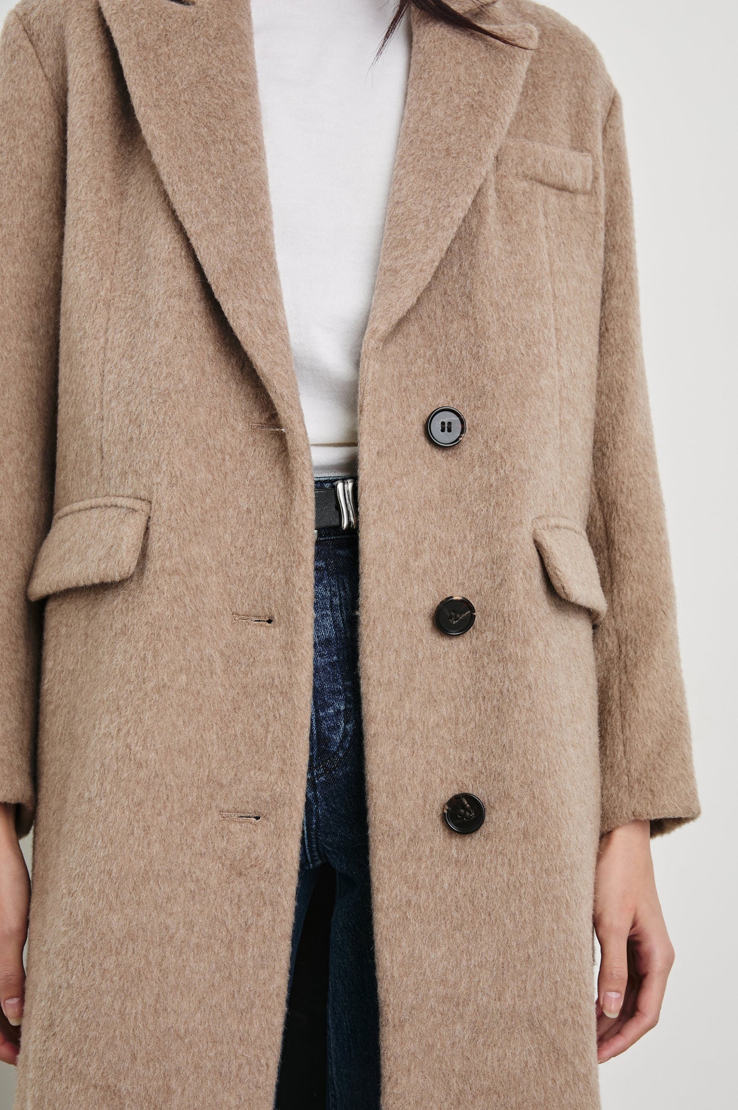 Opera Below-the-Knee Length Coat with V Neck, Three-Button Closure and Two Front Flap Patch Pockets in Heather Latte Colorway - Front View Featured on Model