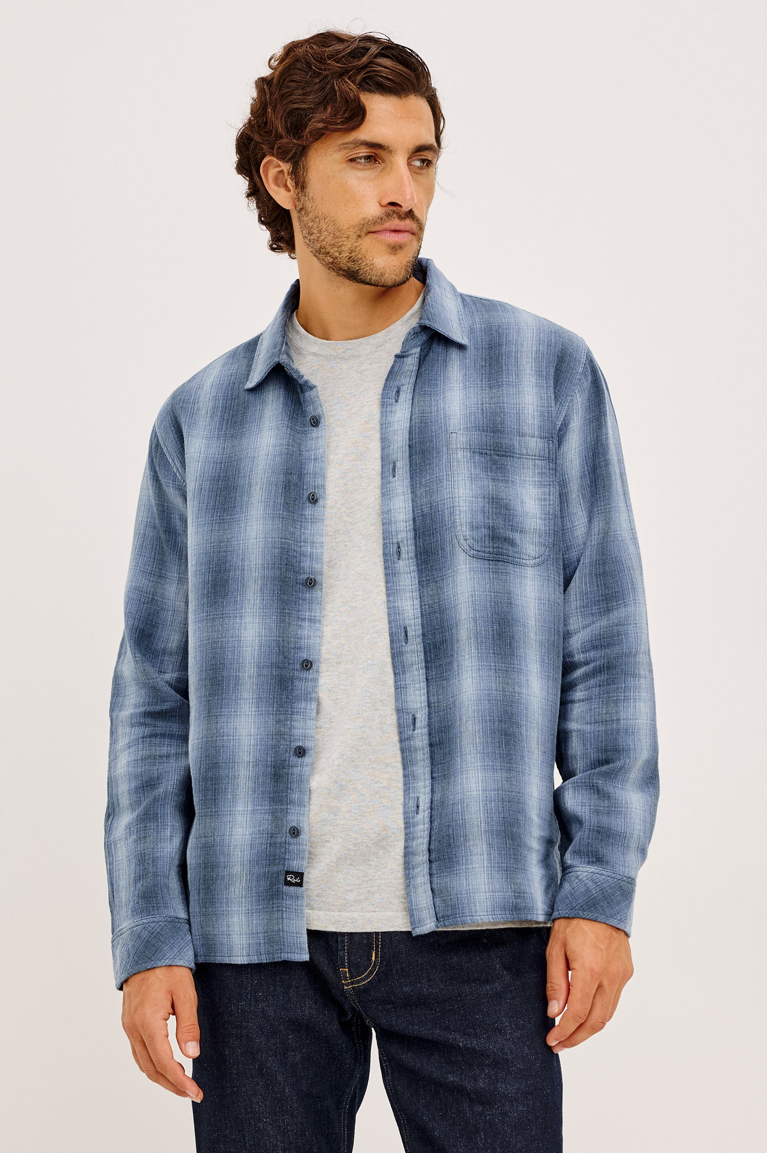 Owens Shirt in Soft Double-Face Cotton With Contrast-Print Reverse, Relaxed Fit, Spread Collar, Button Front, Chest Patch Pocket, and Straight Hem in Blue Mist Shadow Colorway - Upper Body Front View Featured on Model