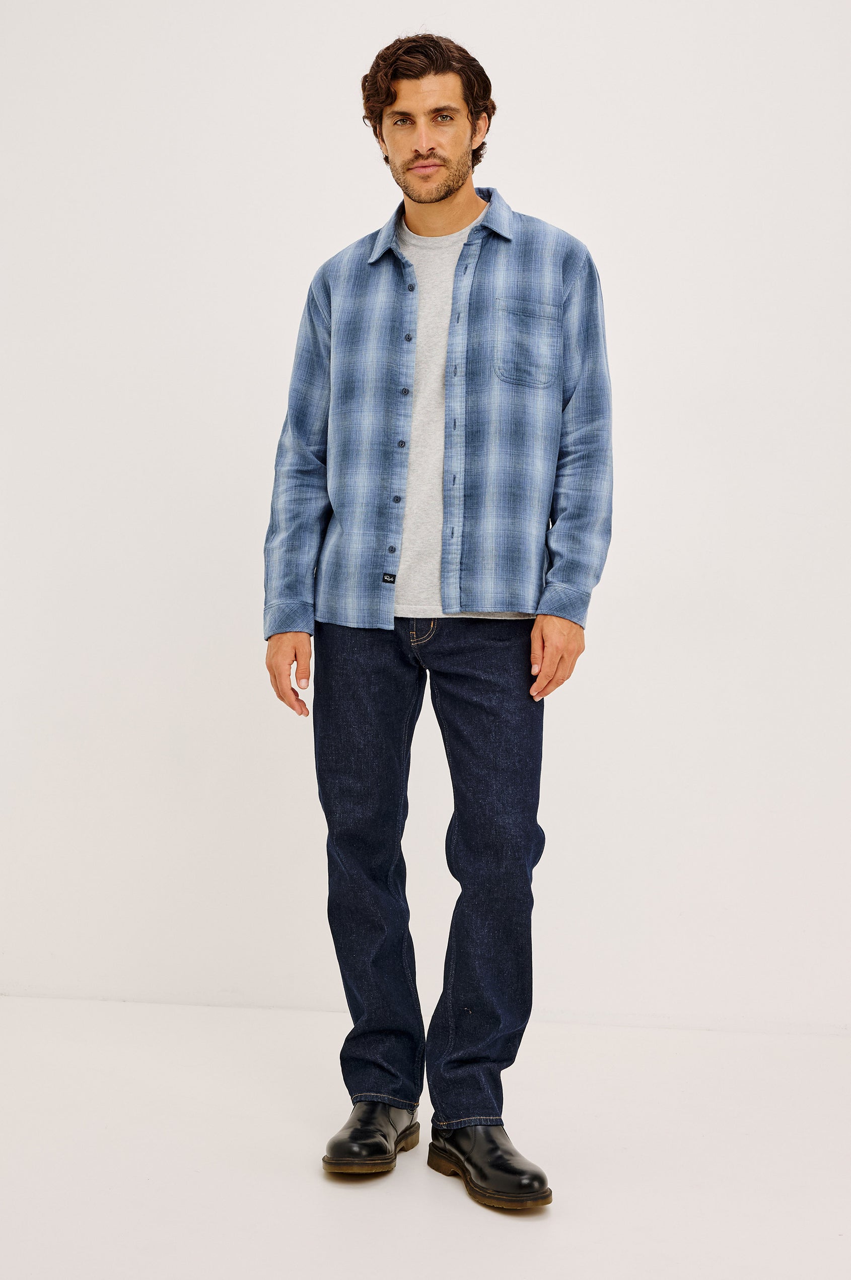 Owens Shirt in Soft Double-Face Cotton With Contrast-Print Reverse, Relaxed Fit, Spread Collar, Button Front, Chest Patch Pocket, and Straight Hem in Blue Mist Shadow Colorway - Full Body Front View Featured on Model