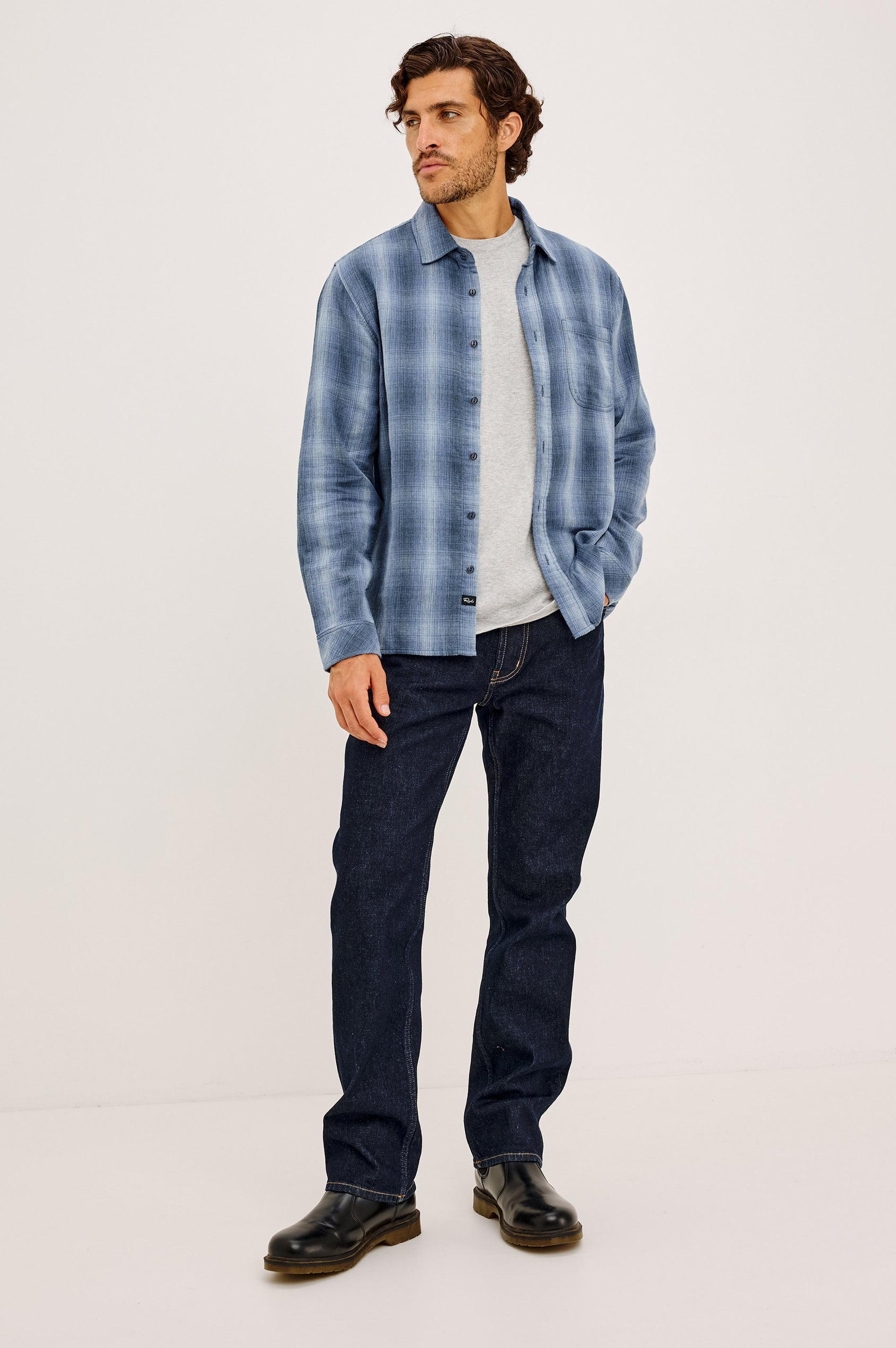 Owens Shirt in Soft Double-Face Cotton With Contrast-Print Reverse, Relaxed Fit, Spread Collar, Button Front, Chest Patch Pocket, and Straight Hem in Blue Mist Shadow Colorway - Full Body Front View Featured on Model