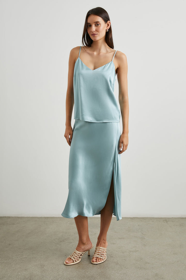 Paola Tank Top with a Deep V Neck and Adjustable Spaghetti Straps in Clearwater Colorway - Front Full Body View Featured on Model