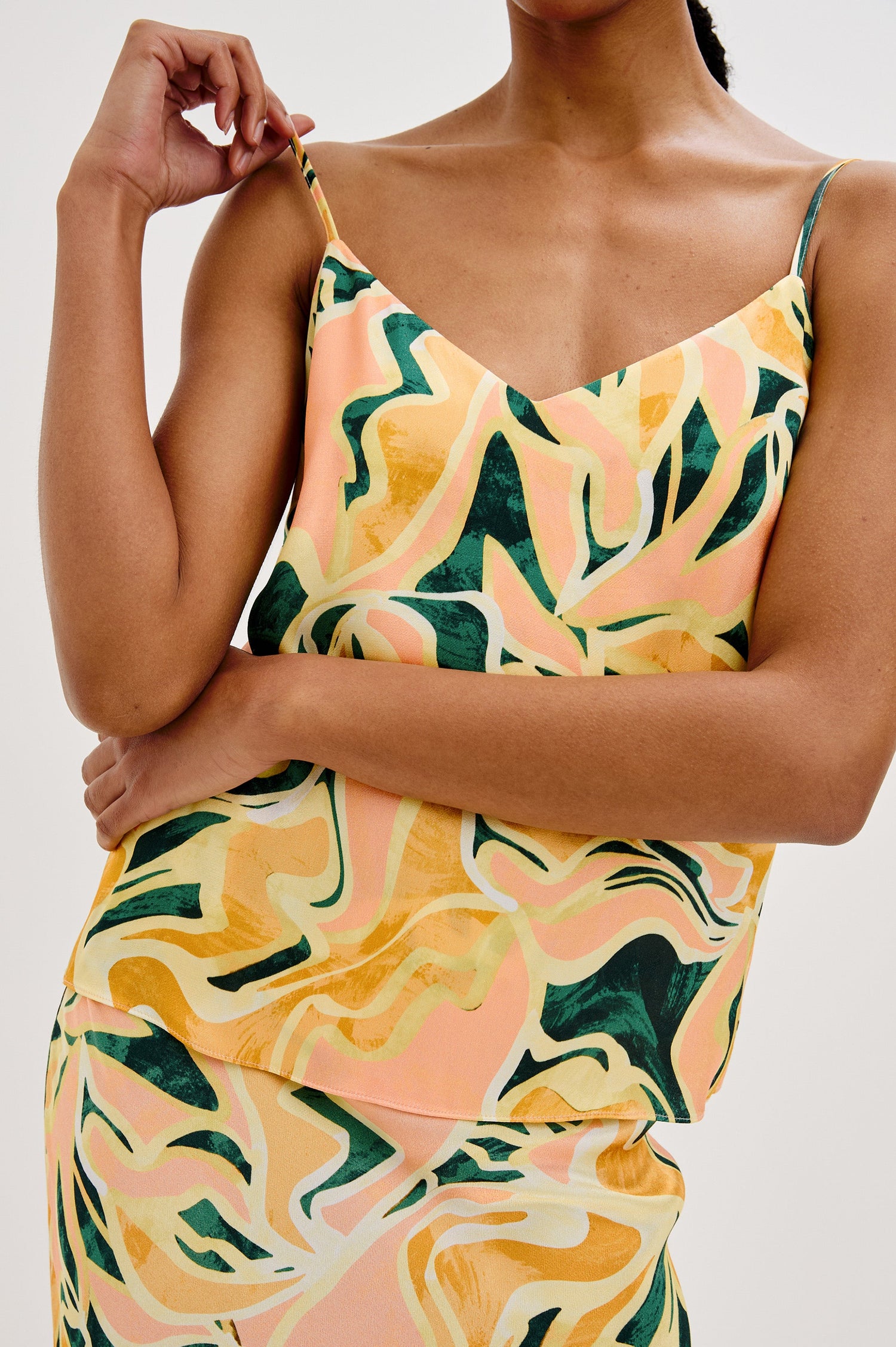 Paola V-Neck Tank Top with Spaghetti Straps in Tulum Colorway. Front Detailed View Shown on Model.