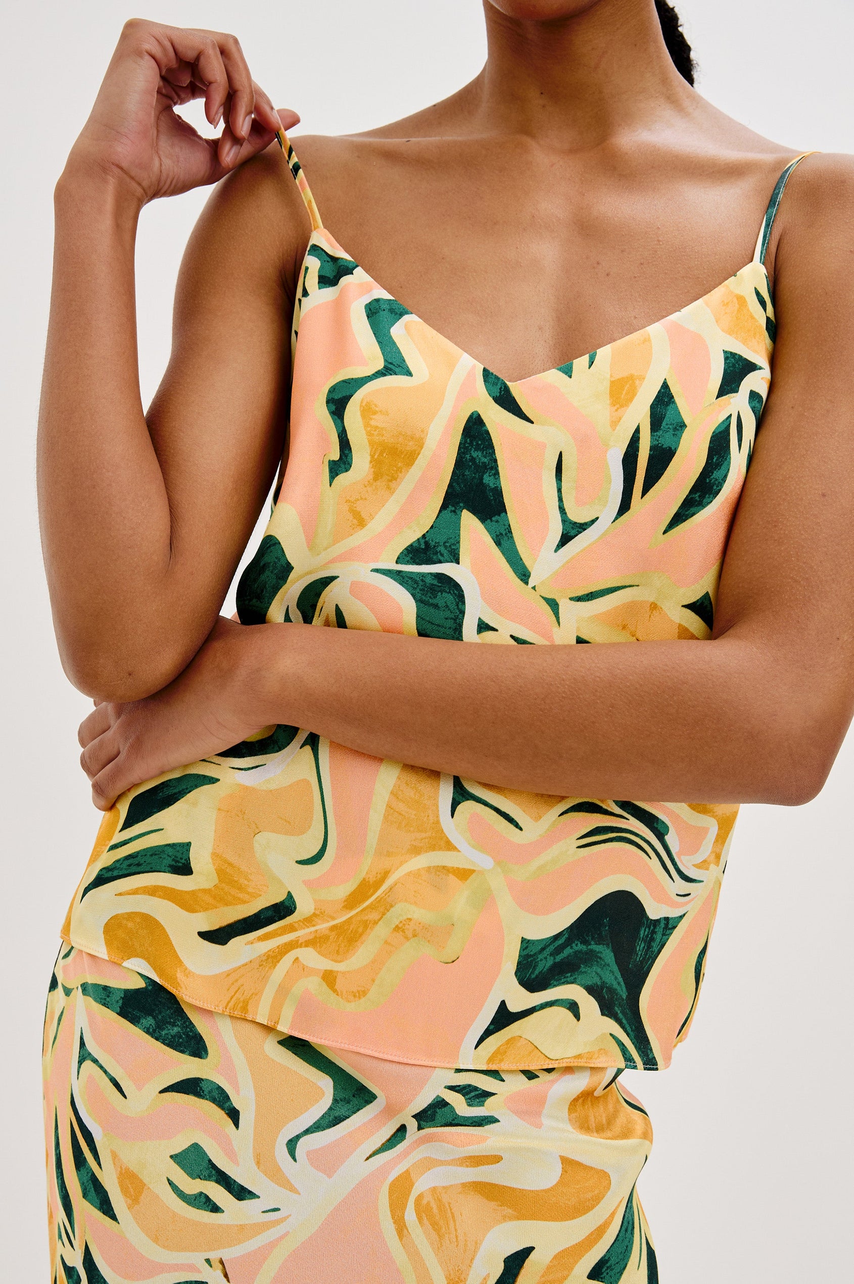 Paola V-Neck Tank Top with Spaghetti Straps in Tulum Colorway. Front Detailed View Shown on Model.