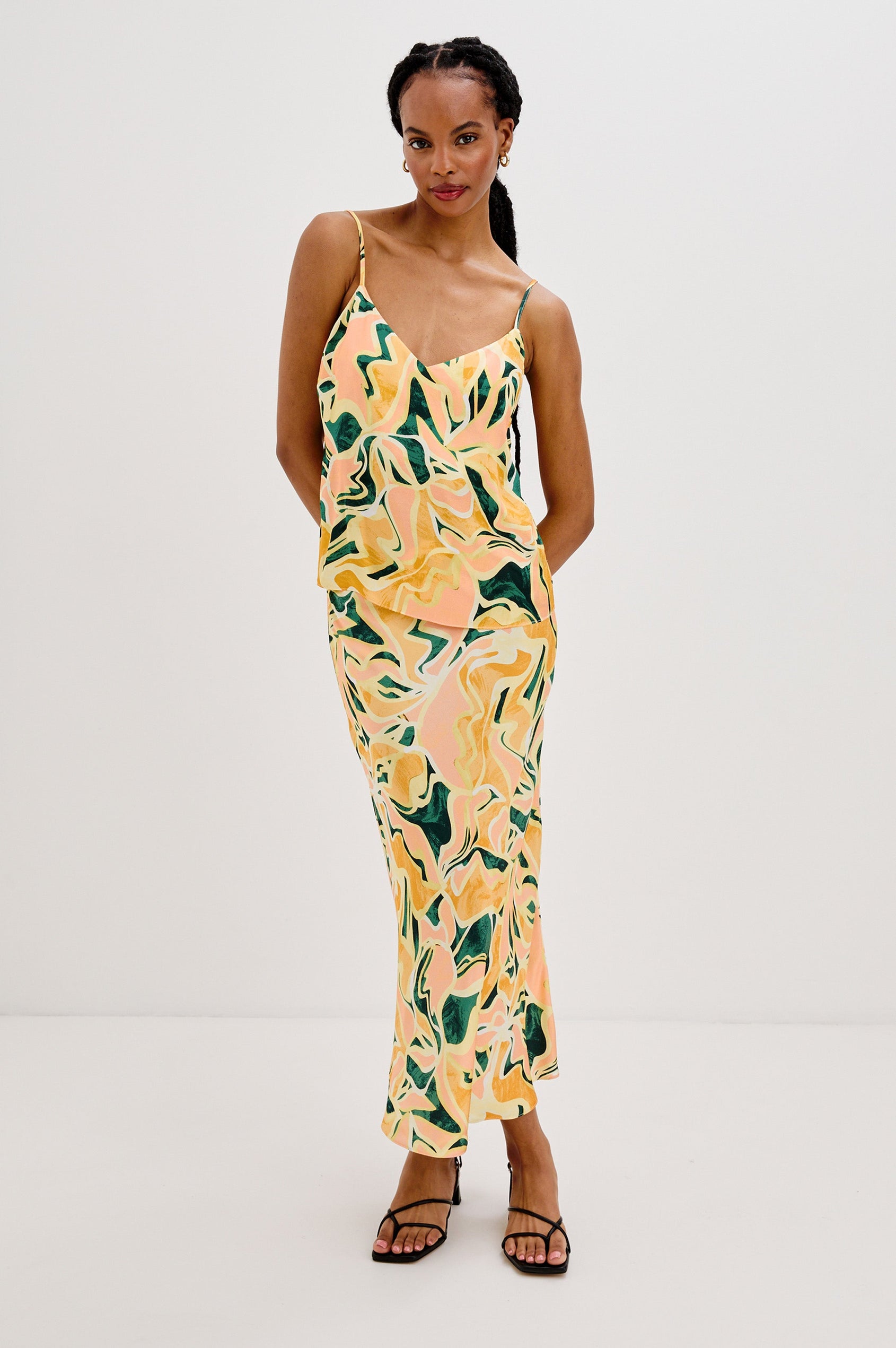 Paola V-Neck Tank Top with Spaghetti Straps in Tulum Colorway. Full Body Front View Shown on Model.