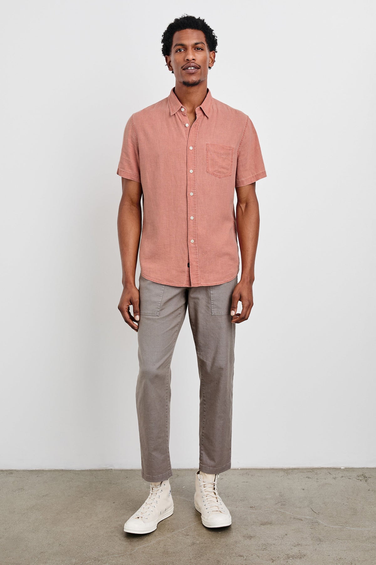 Paros button up short sleeve with front chest pocket and collar in Desert Rose - full body front view on model