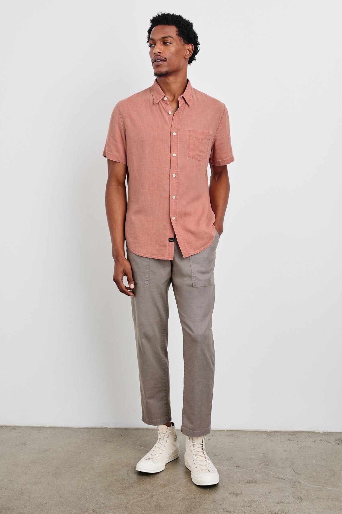 Paros button up short sleeve with front chest pocket and collar in Desert Rose -  full body front view on model, looking to the side