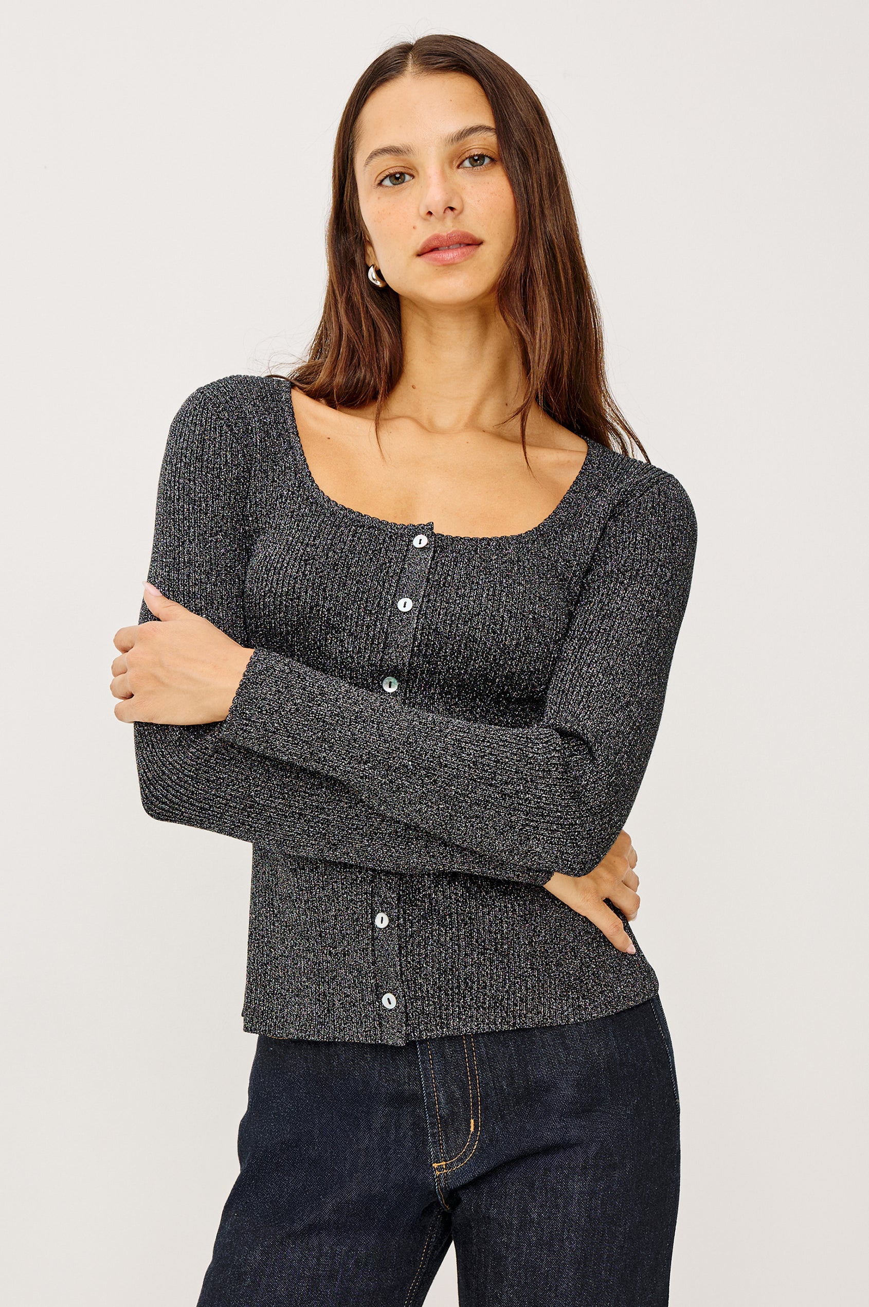 Paulina Fitted Sweater in Lurex Rib Knit With Scalloped Scoop Neckline, Front Buttons, and Long Sleeves in Gun Metal Lurex Colorway - Upper Body Front View Featured on Model