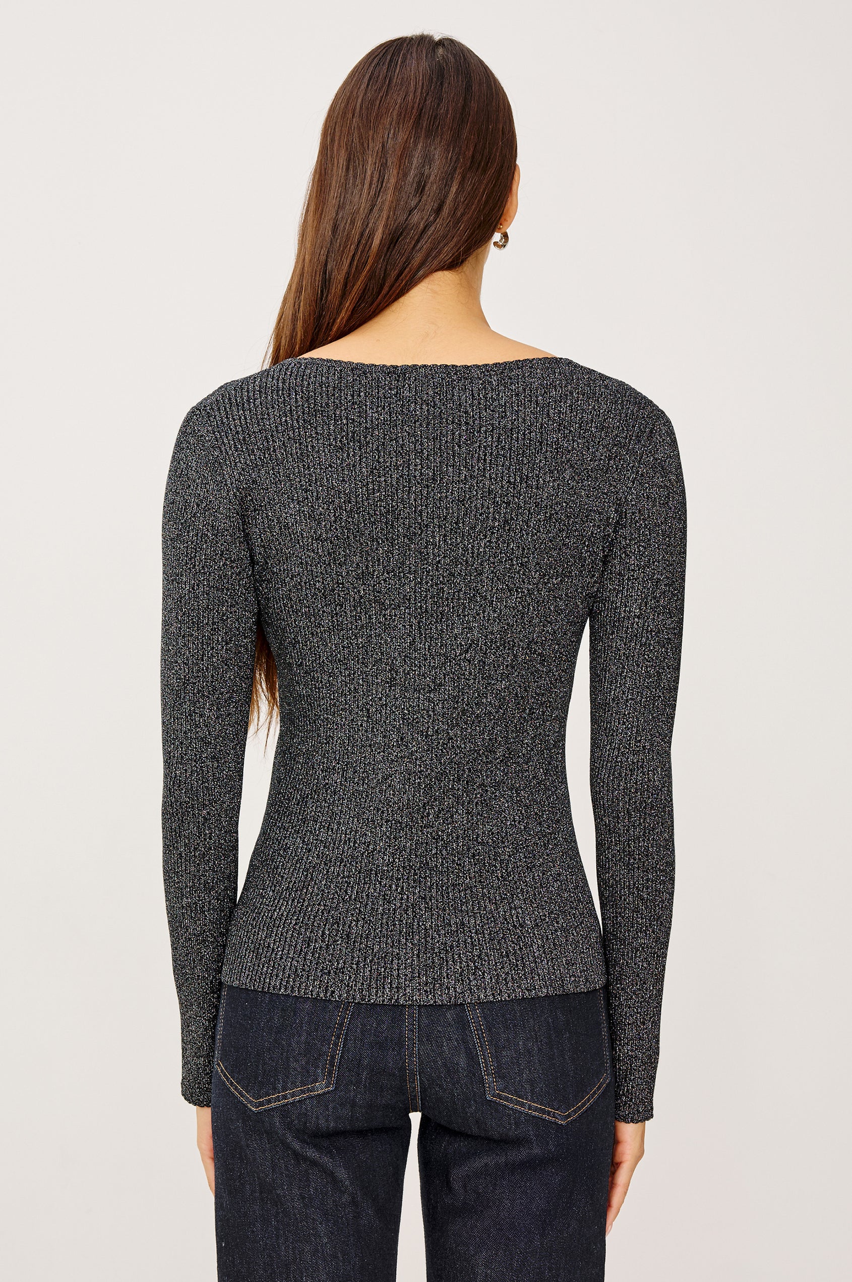 Paulina Fitted Sweater in Lurex Rib Knit With Scalloped Scoop Neckline, Front Buttons, and Long Sleeves in Gun Metal Lurex Colorway - Upper Body Back View Featured on Model