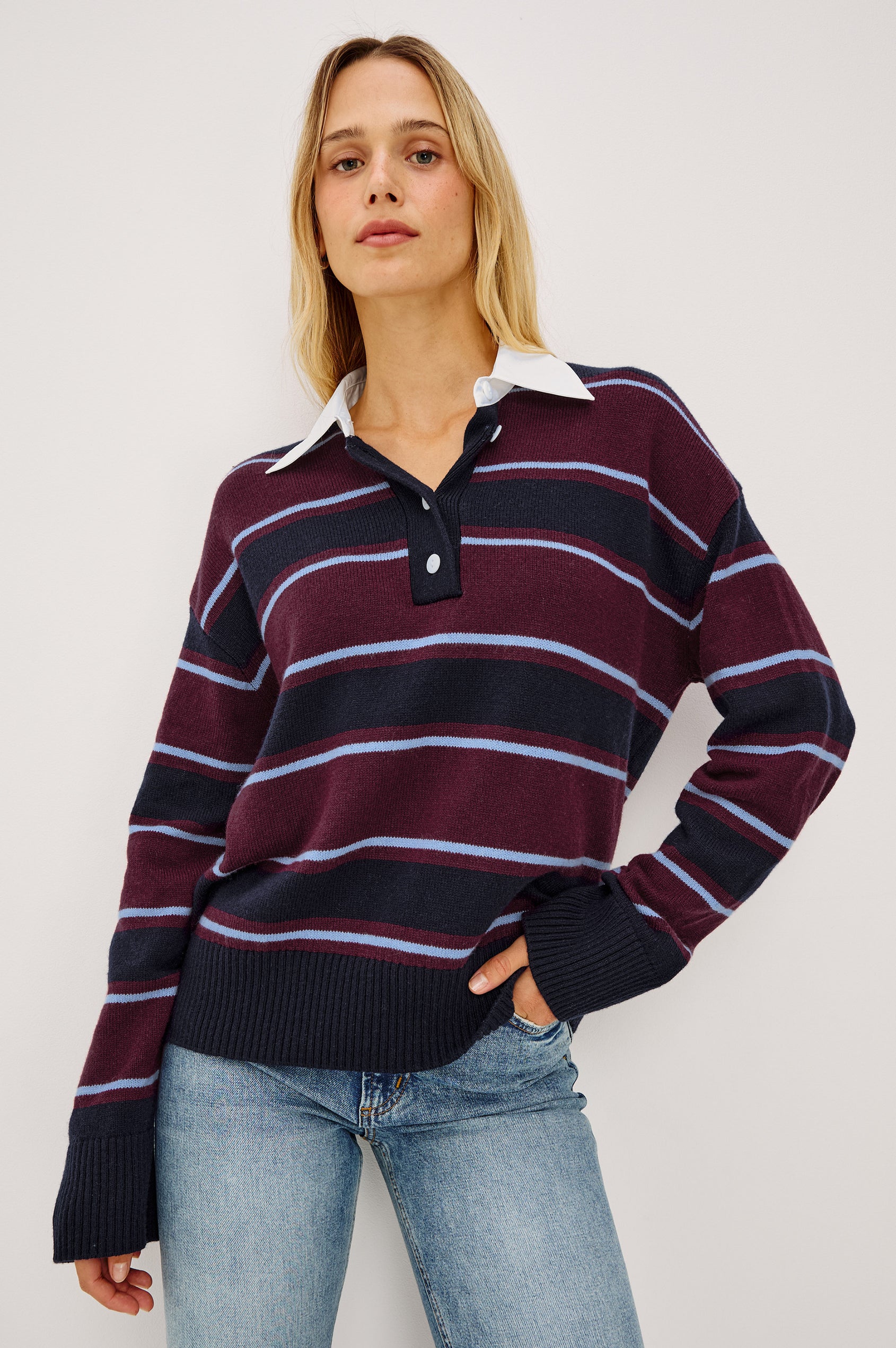 Paxton Sweater in Cotton-Cashmere Blend With Poplin Collar, 4-Button Placket, Relaxed Fit, and Ribbed Trim in Boysenberry Stripe Colorway - Upper Body Front View Featured on Model