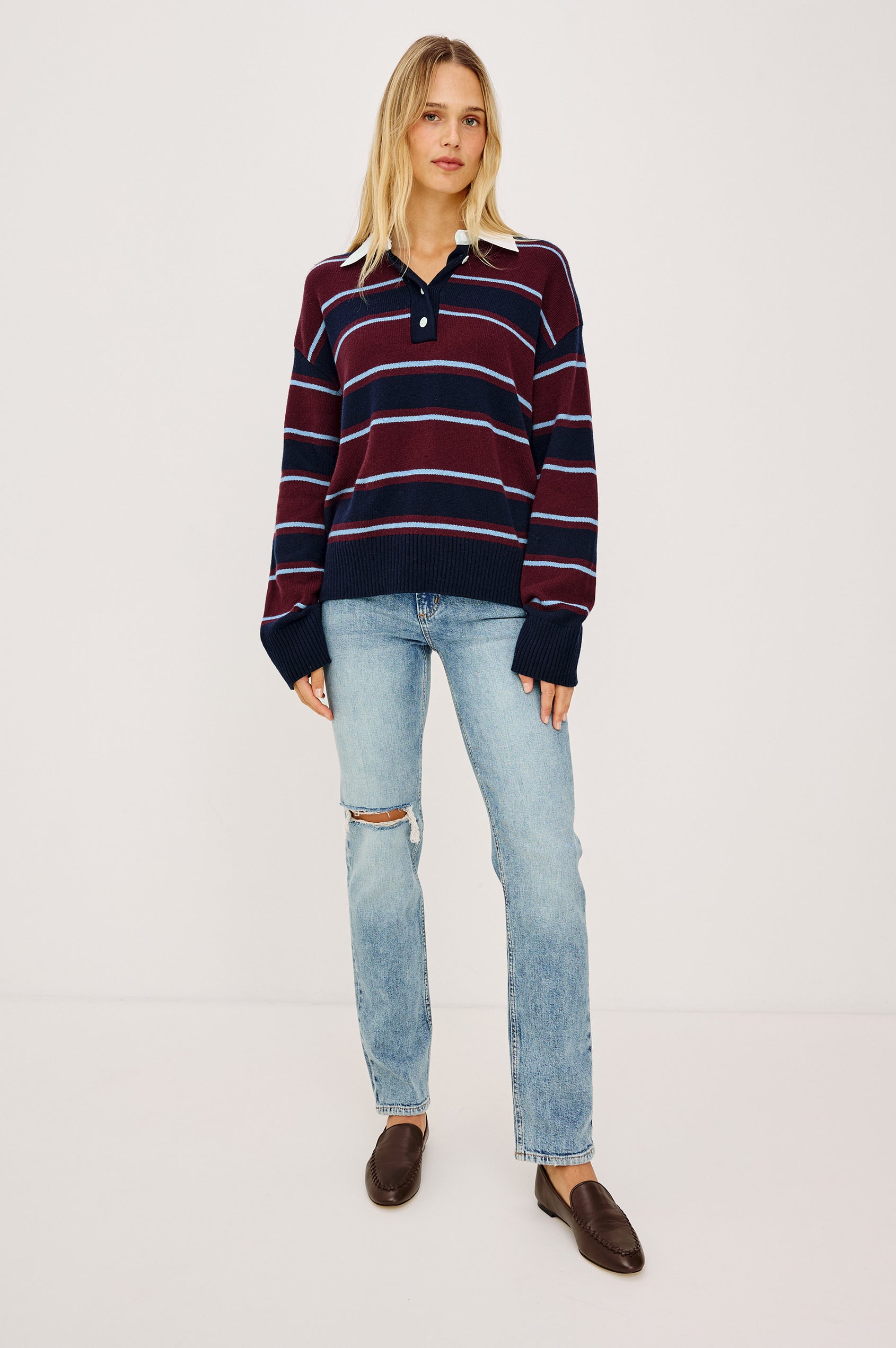 Paxton Sweater in Cotton-Cashmere Blend With Poplin Collar, 4-Button Placket, Relaxed Fit, and Ribbed Trim in Boysenberry Stripe Colorway - Full Body Front View Featured on Model
