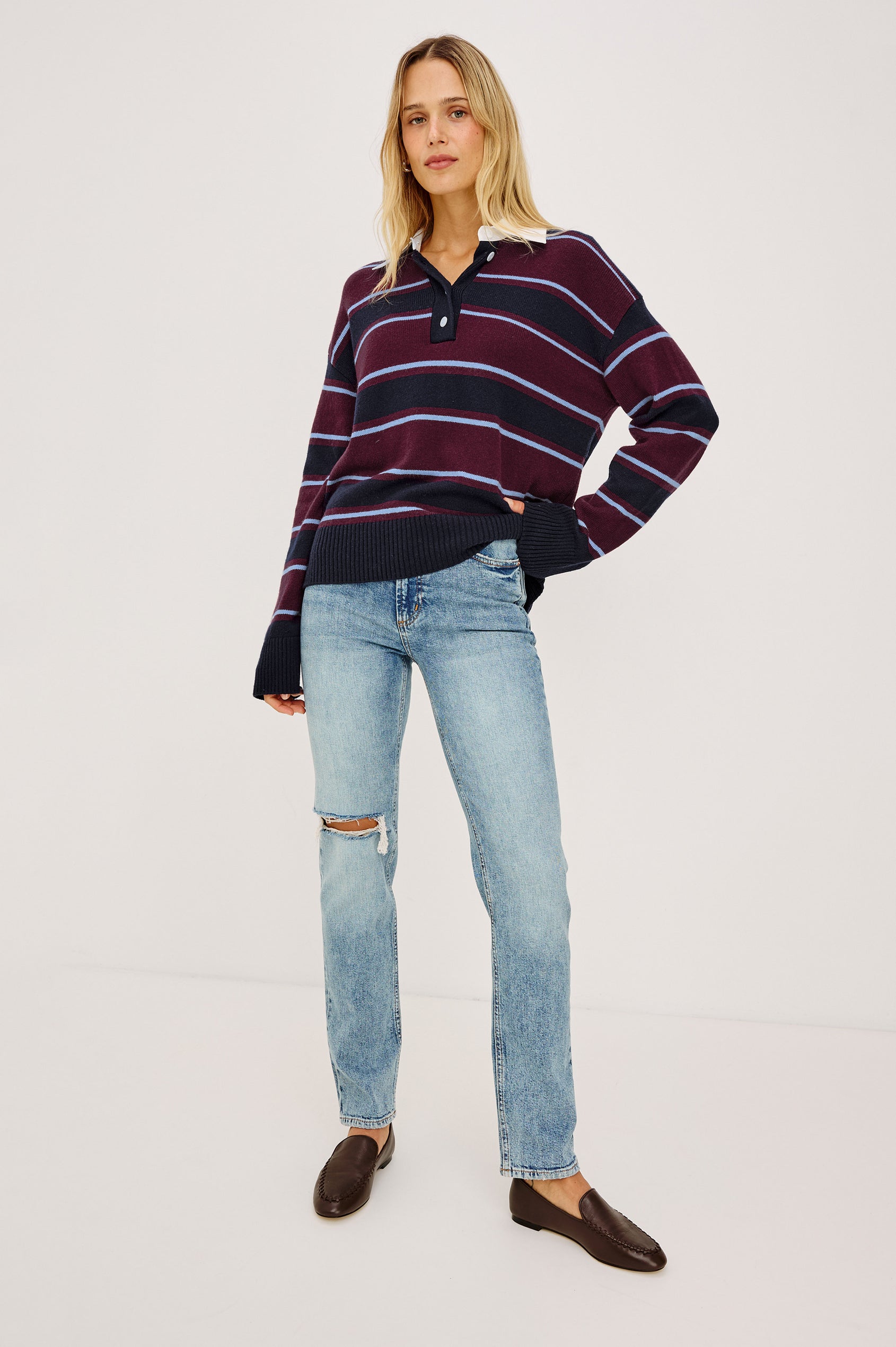 Paxton Sweater in Cotton-Cashmere Blend With Poplin Collar, 4-Button Placket, Relaxed Fit, and Ribbed Trim in Boysenberry Stripe Colorway - Full Body Front View Featured on Model
