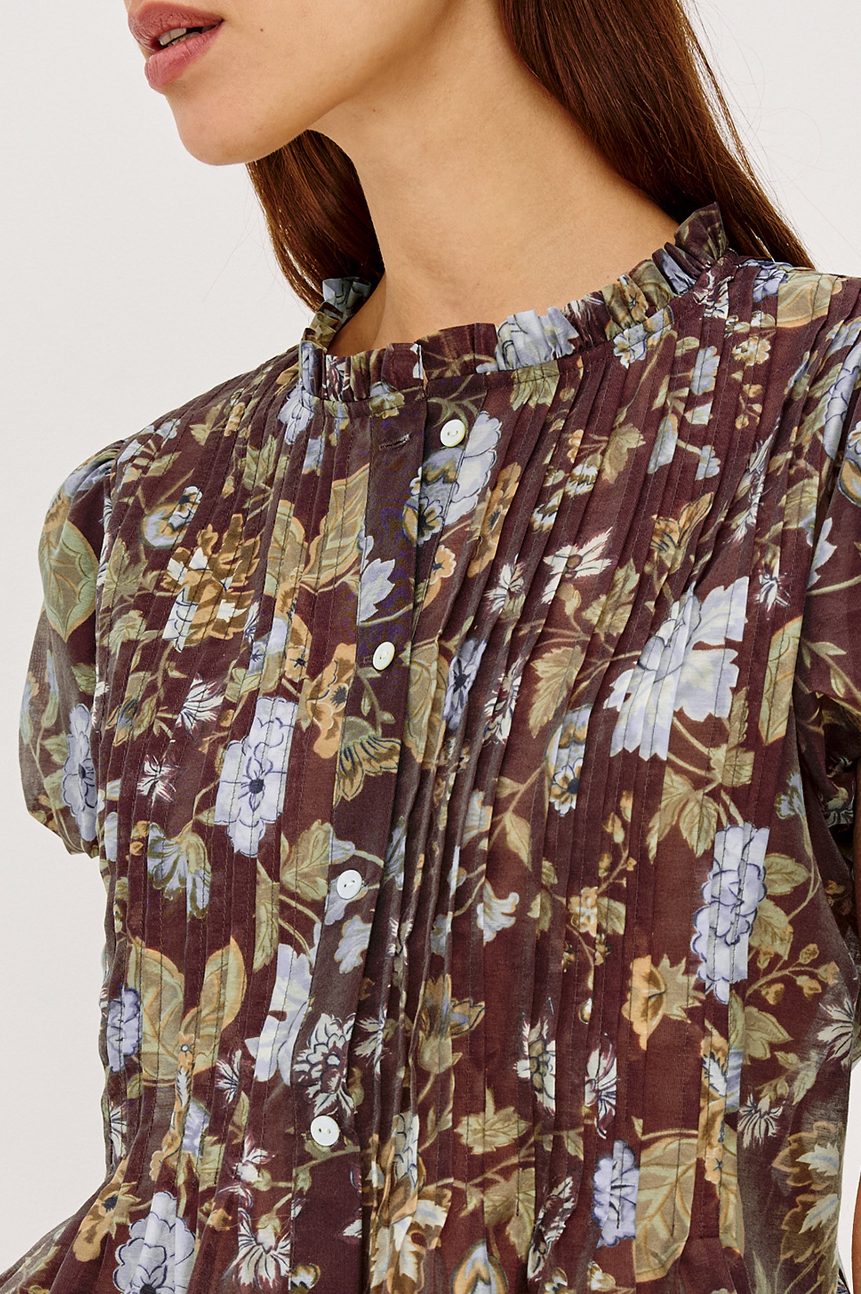 Pepper Shirt in Cotton Poplin With Loose Boxy Fit, Pintuck Detailing, Puff Cap Sleeves, Center-Front Buttons, and Soft Peplum Hem in Willow Colorway - Upper Body Front View Featured on Model