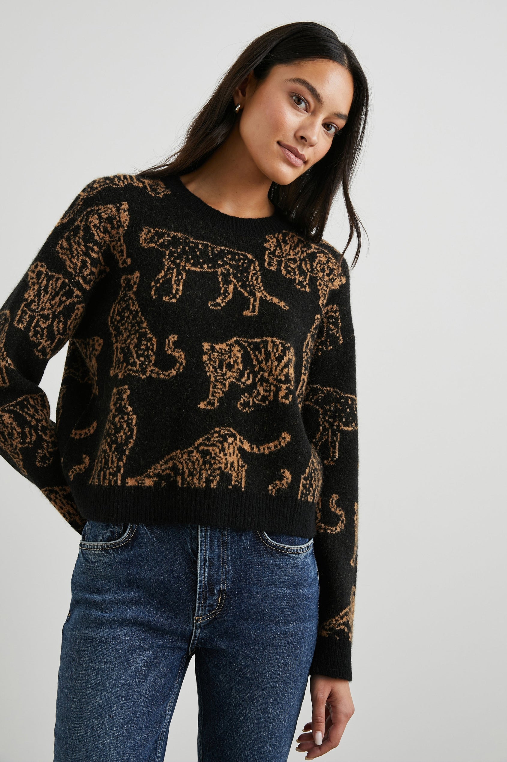 Perci Long-Sleeved Sweater with Crew Neck and Ribbed Trim in Camel Wild Cats Colorway, Camel Wild Cats on Black - Front View Featured on Model