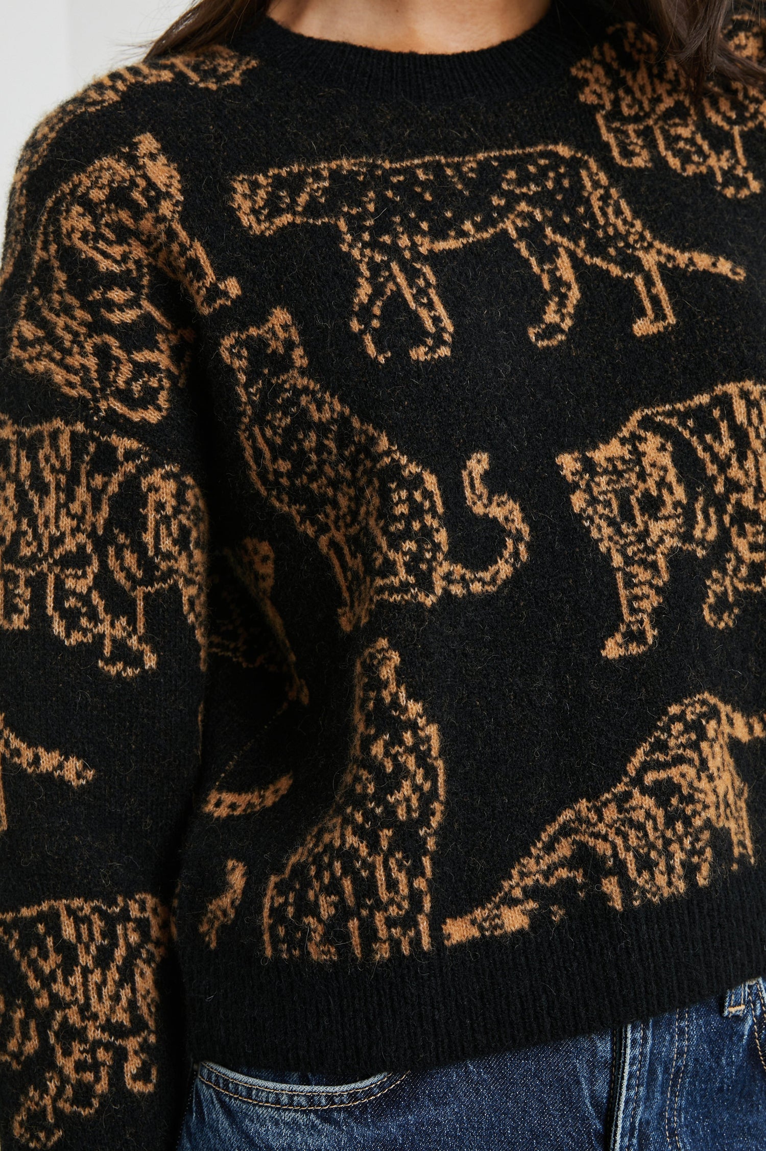 Perci Long-Sleeved Sweater with Crew Neck and Ribbed Trim in Camel Wild Cats Colorway, Camel Wild Cats on Black - Front View Featured on Model
