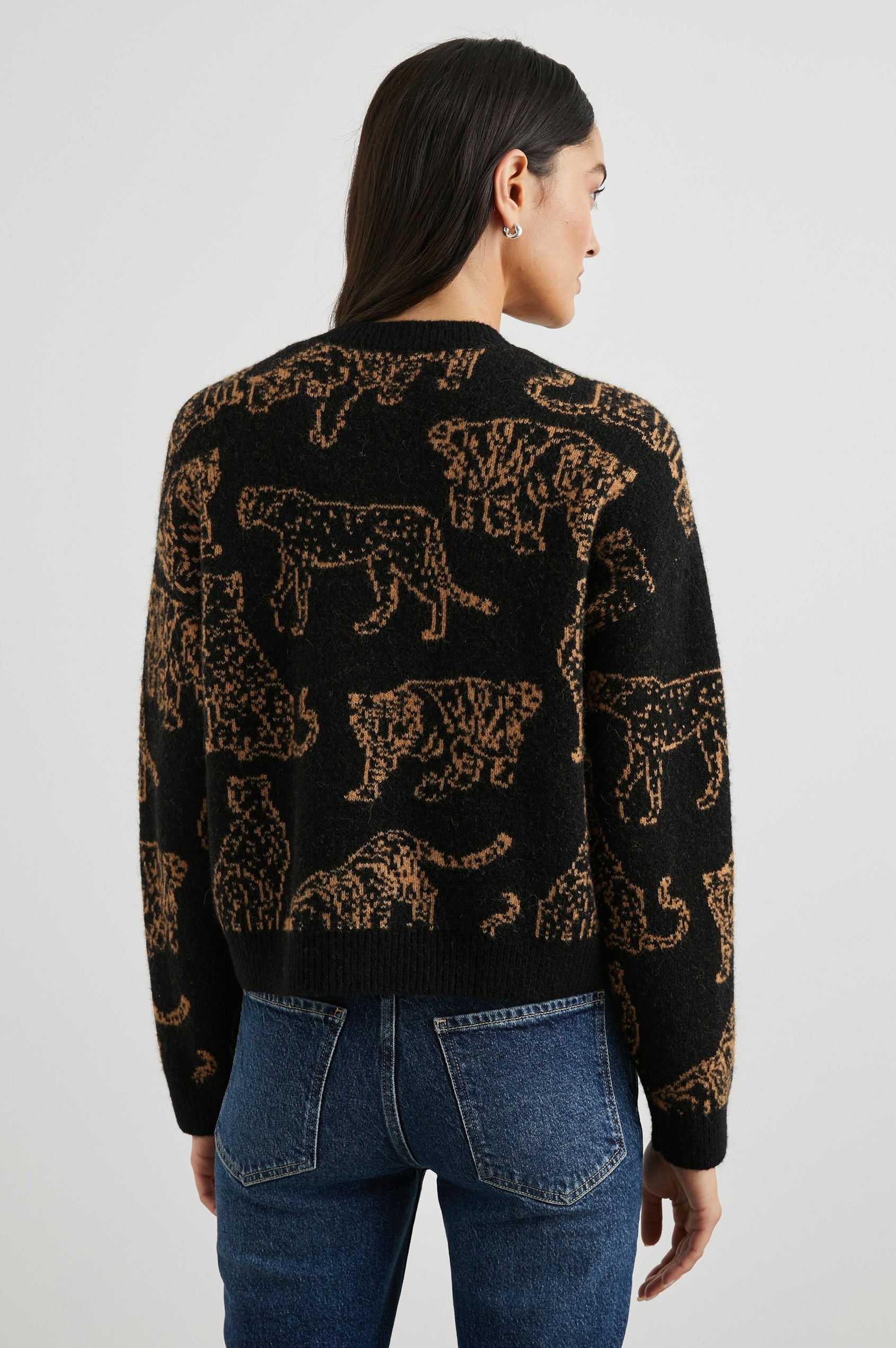 Perci Long-Sleeved Sweater with Crew Neck and Ribbed Trim in Camel Wild Cats Colorway, Camel Wild Cats on Black - Back View Featured on Model