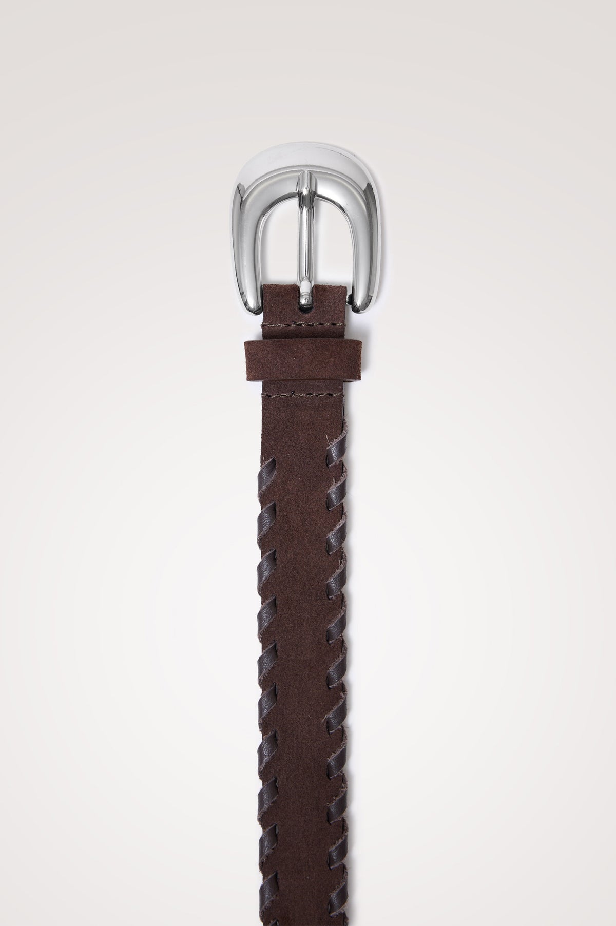 Phoenix Belt in Suede With Braided Trim, Rounded Buckle, and 7-Hole Adjustability in Dark Brown Suede Silver Colorway - Top Product View Featured