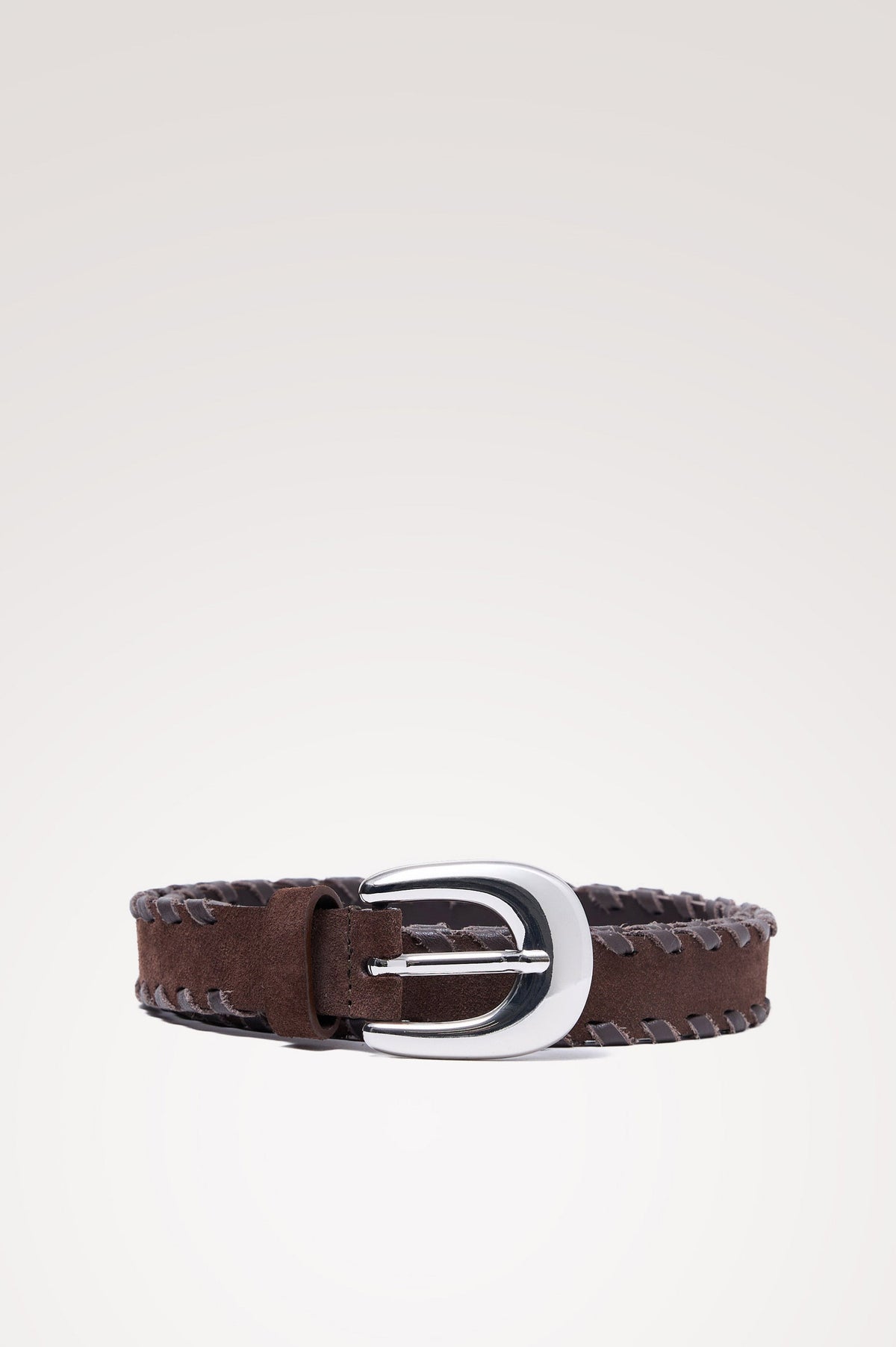 Phoenix Belt in Suede With Braided Trim, Rounded Buckle, and 7-Hole Adjustability in Dark Brown Suede Silver Colorway - Front Product View Featured