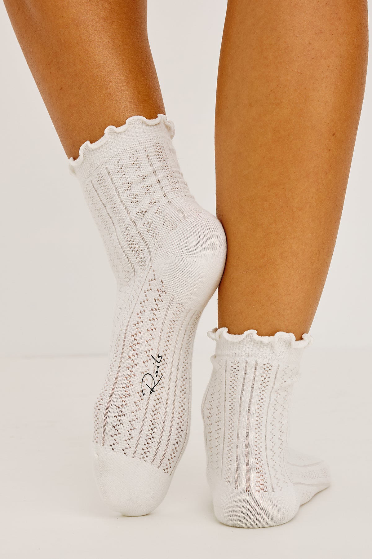Pointelle Crew Socks in Soft Cotton Blend With Ruffle Trim in Ivory Colorway - Full Body Front View Featured on Model.