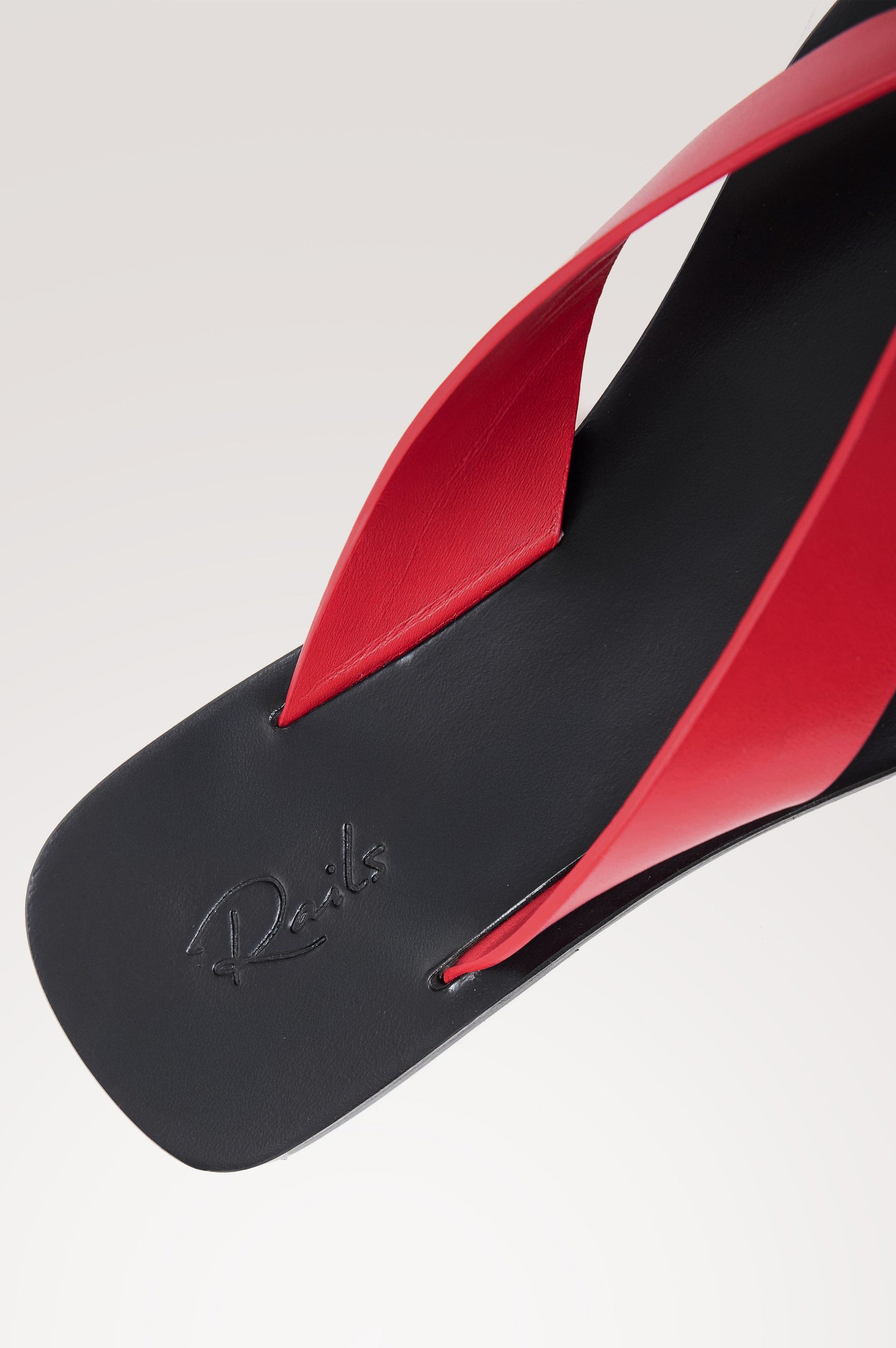 Porto Thong Sandal in Leather With Square Toe and Contrast Cushioned Footbed With Branded Embossed Detail in Tomato Colorway - Detail View Featured