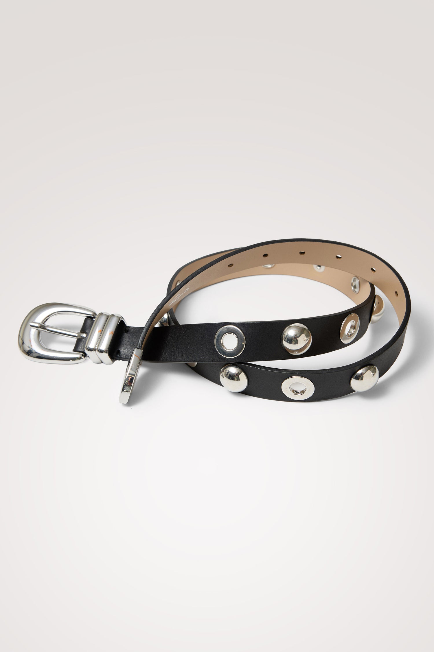 Presley Slim Belt in Leather With Adjustable Buckle and Grommet and Stud Hardware in Black Silver Colorway - Product View Featured