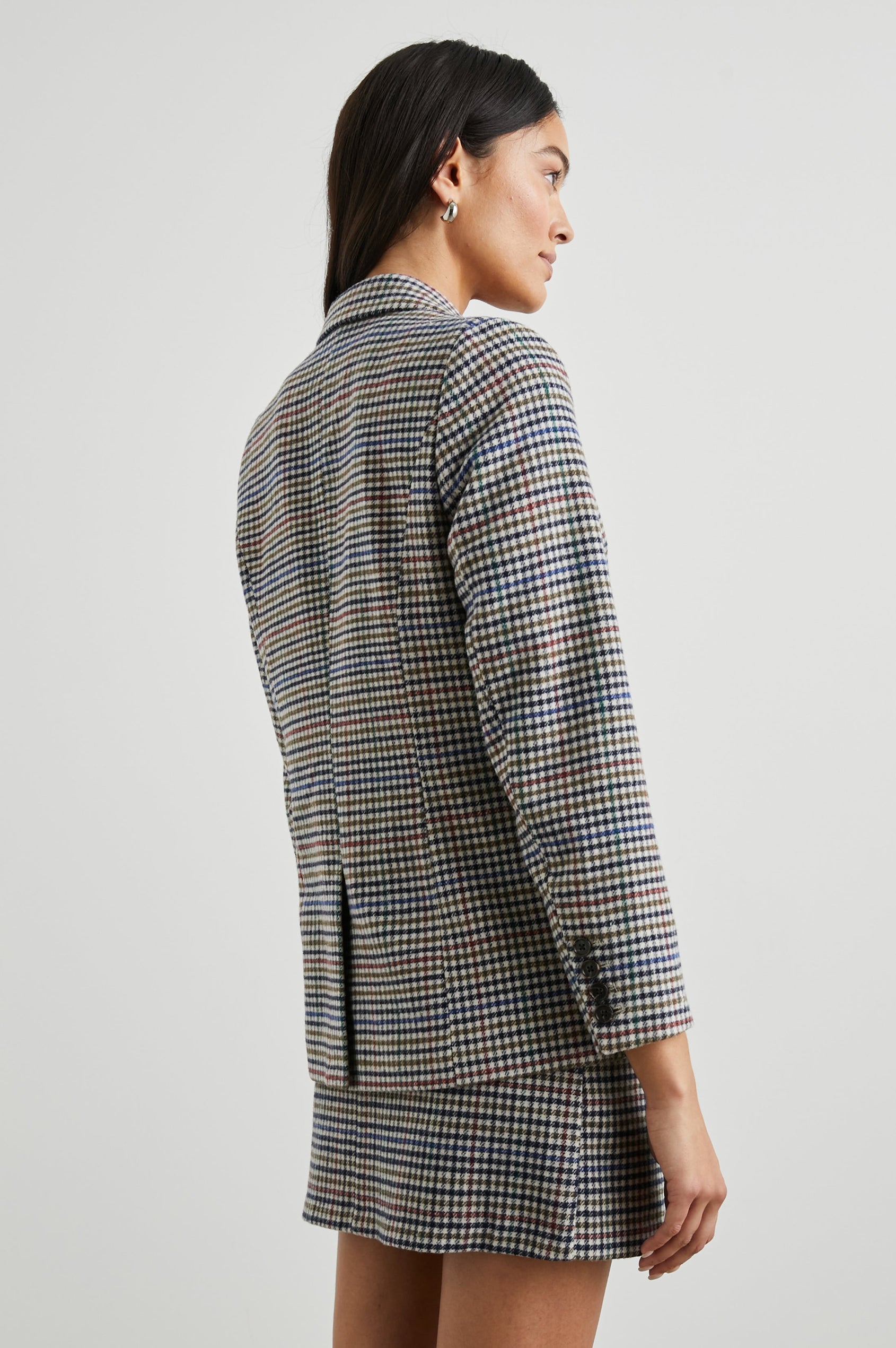 Jac Double-Breasted Blazer with Two Front Flap Pockets and a Notched Label in Cardinal Pine Multi Colorway, a plaid with Cardinal, Pine, Blue, Cream and Black - Back View Featured on Model