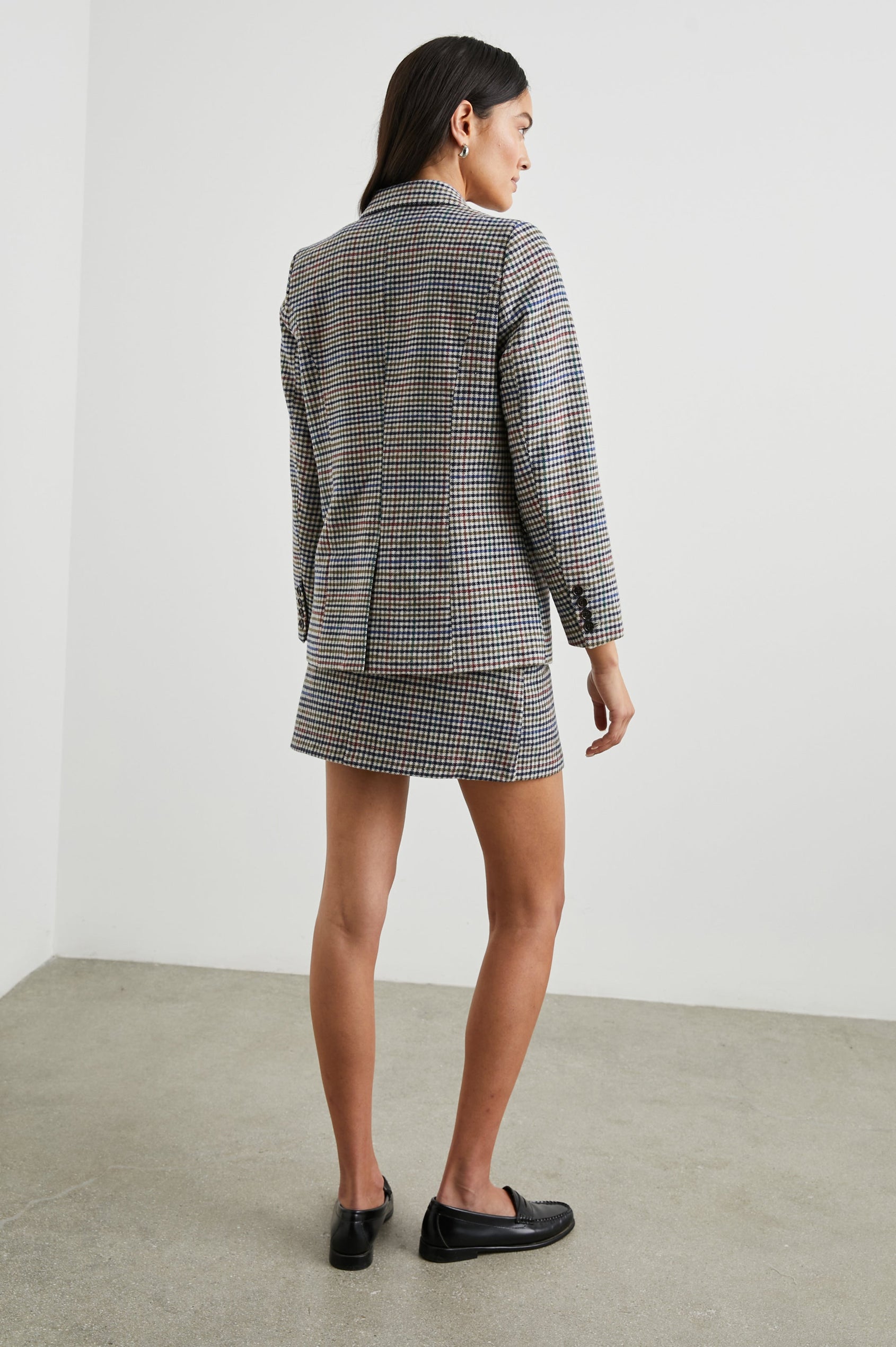 Jac Double-Breasted Blazer with Two Front Flap Pockets and a Notched Label in Cardinal Pine Multi Colorway, a plaid with Cardinal, Pine, Blue, Cream and Black - Back Full Body View Featured on Model