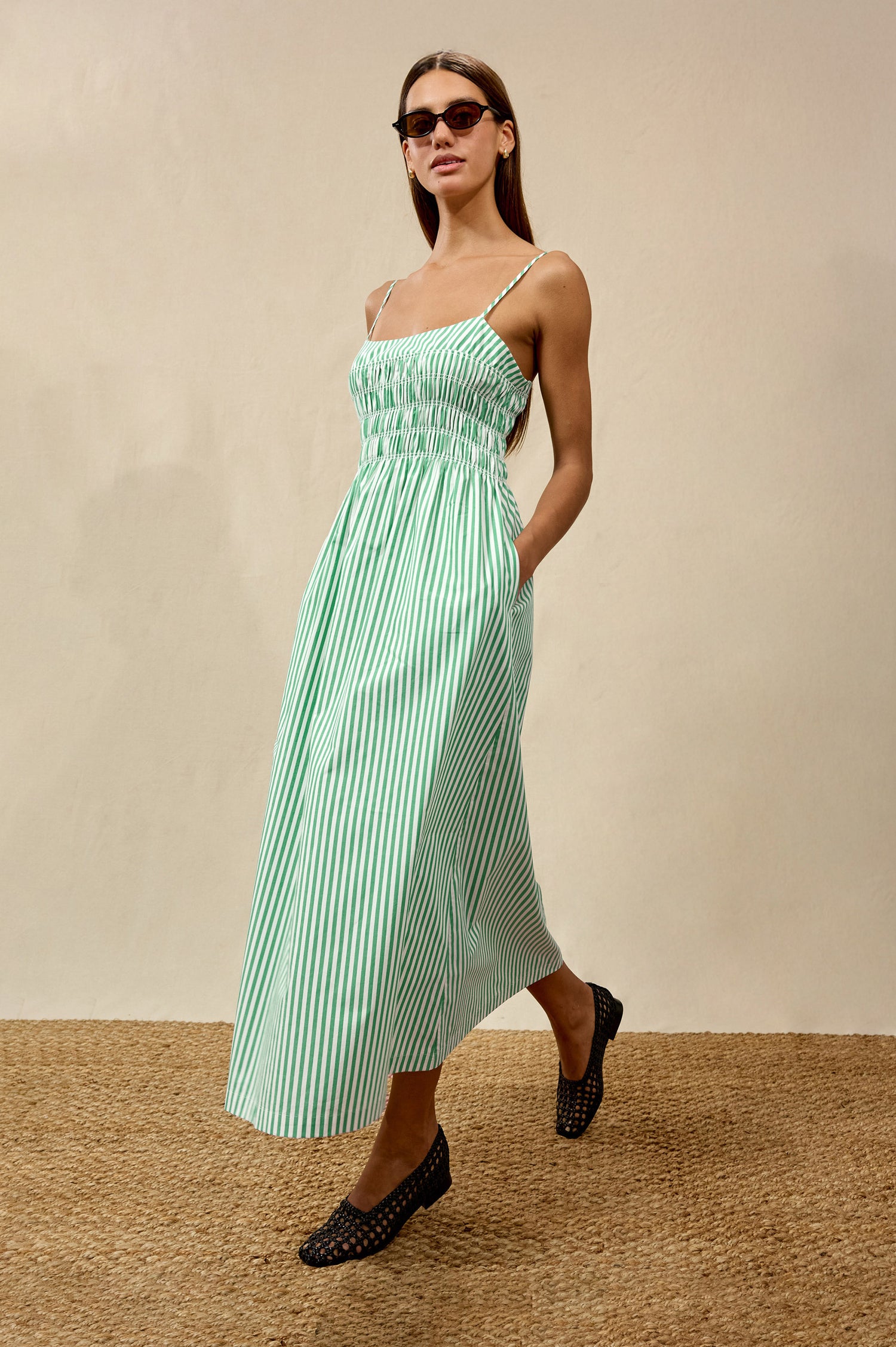 Primrose Maxi Dress in Cotton Poplin With Adjustable Shoulder Straps, Smocked Bodice in Emerald Stripe Colorway - Full Body Front View Featured on Model
