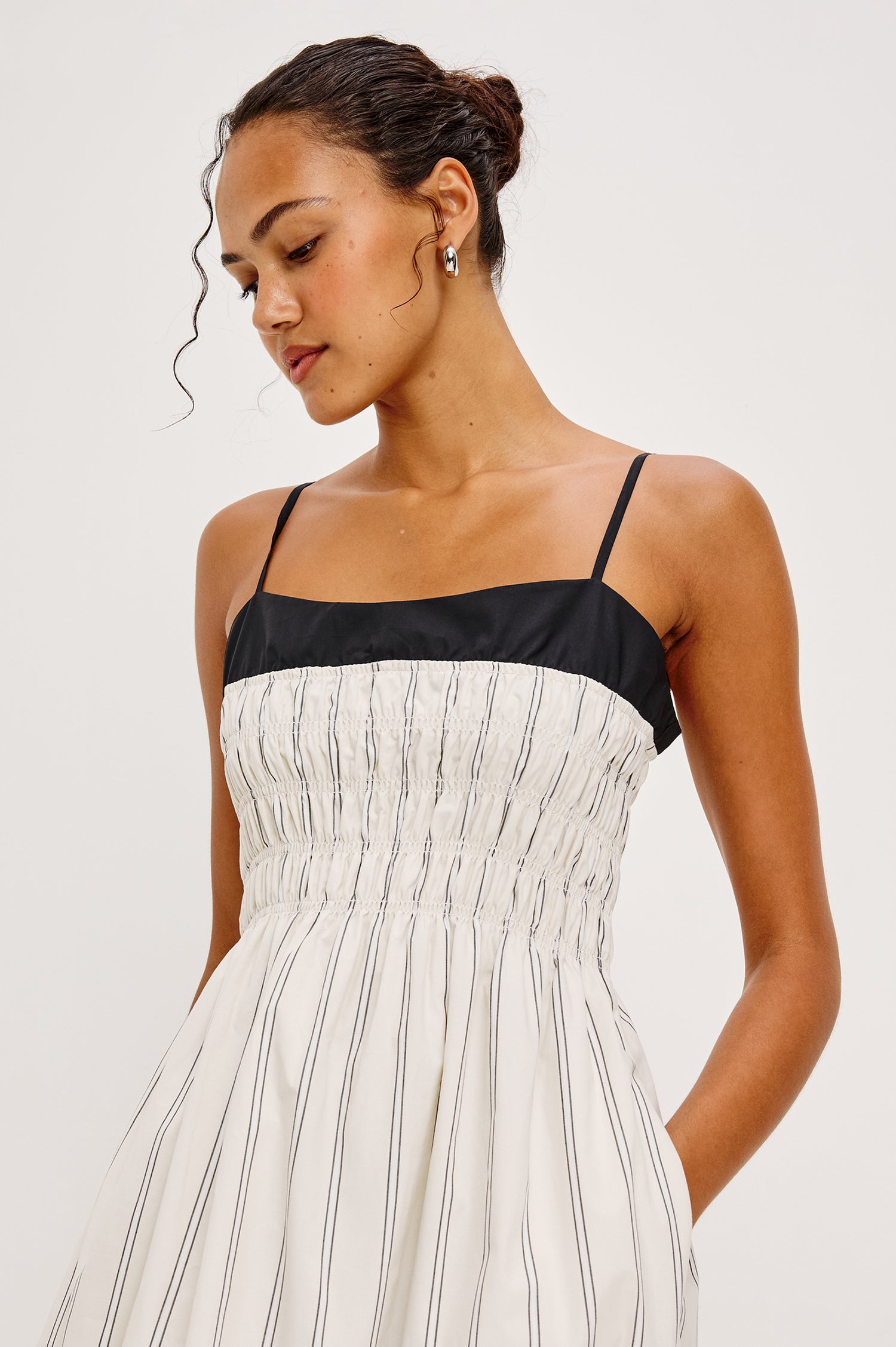 Primrose Maxi Dress in Cotton Poplin With Adjustable Shoulder Straps Smocked Bodice in Palma Stripe Colorway - Upper Body Front View Featured on Model