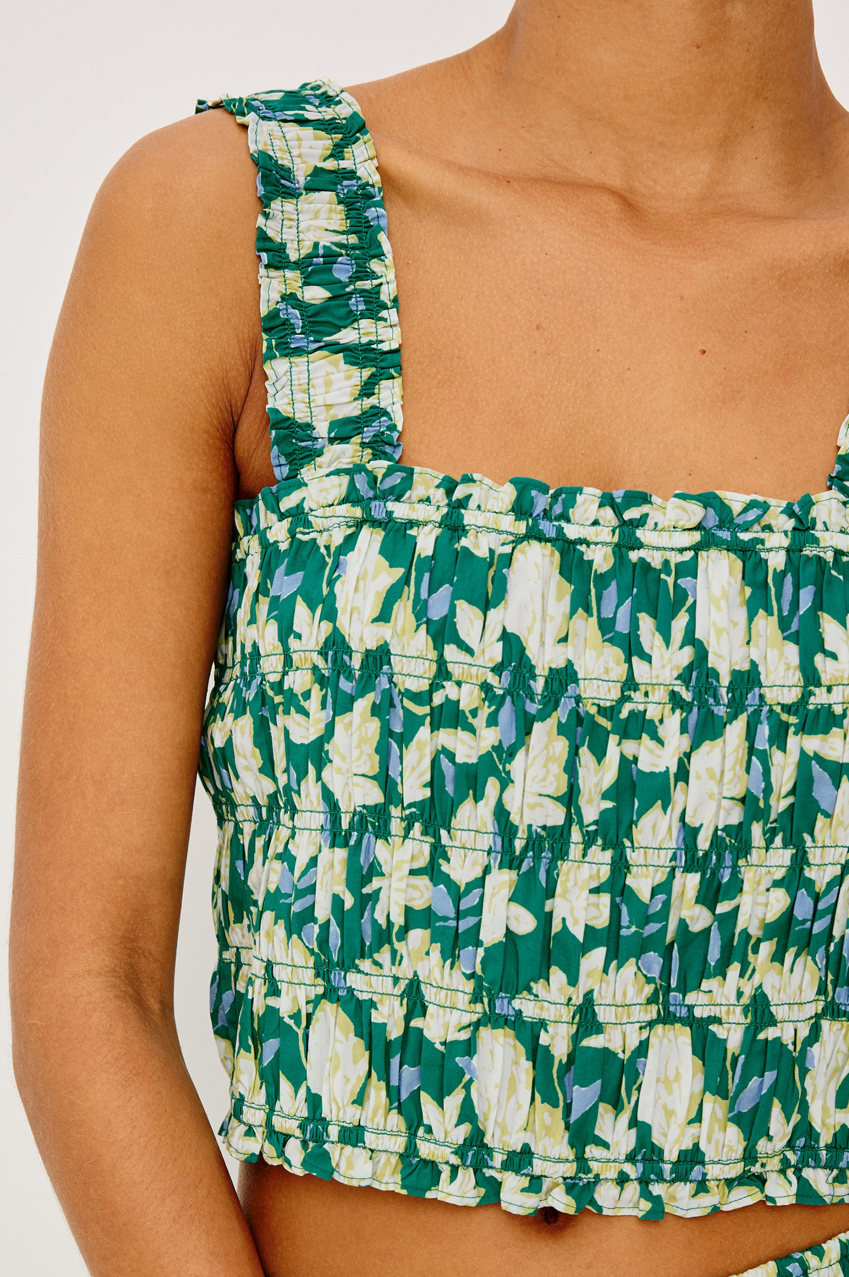 Quinn Cropped Tank Top in Cotton Poplin With Square Neckline, Sand mocked Bodice and Wide Shoulder Straps in Green Mayflower Print - Upper Body Front View Featured on Model