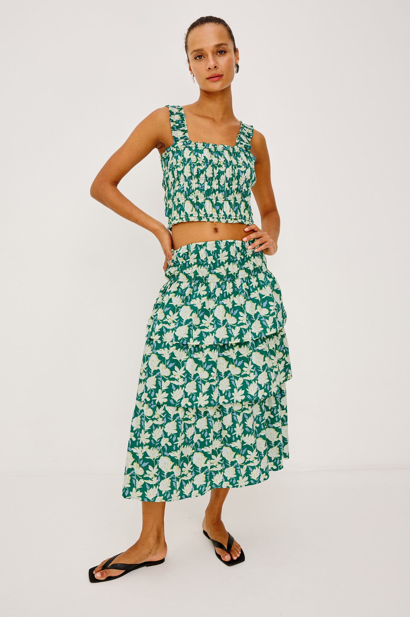 Quinn Cropped Tank Top in Cotton Poplin With Square Neckline, Sand mocked Bodice and Wide Shoulder Straps in Green Mayflower Print - Full Body Front View Featured on Model
