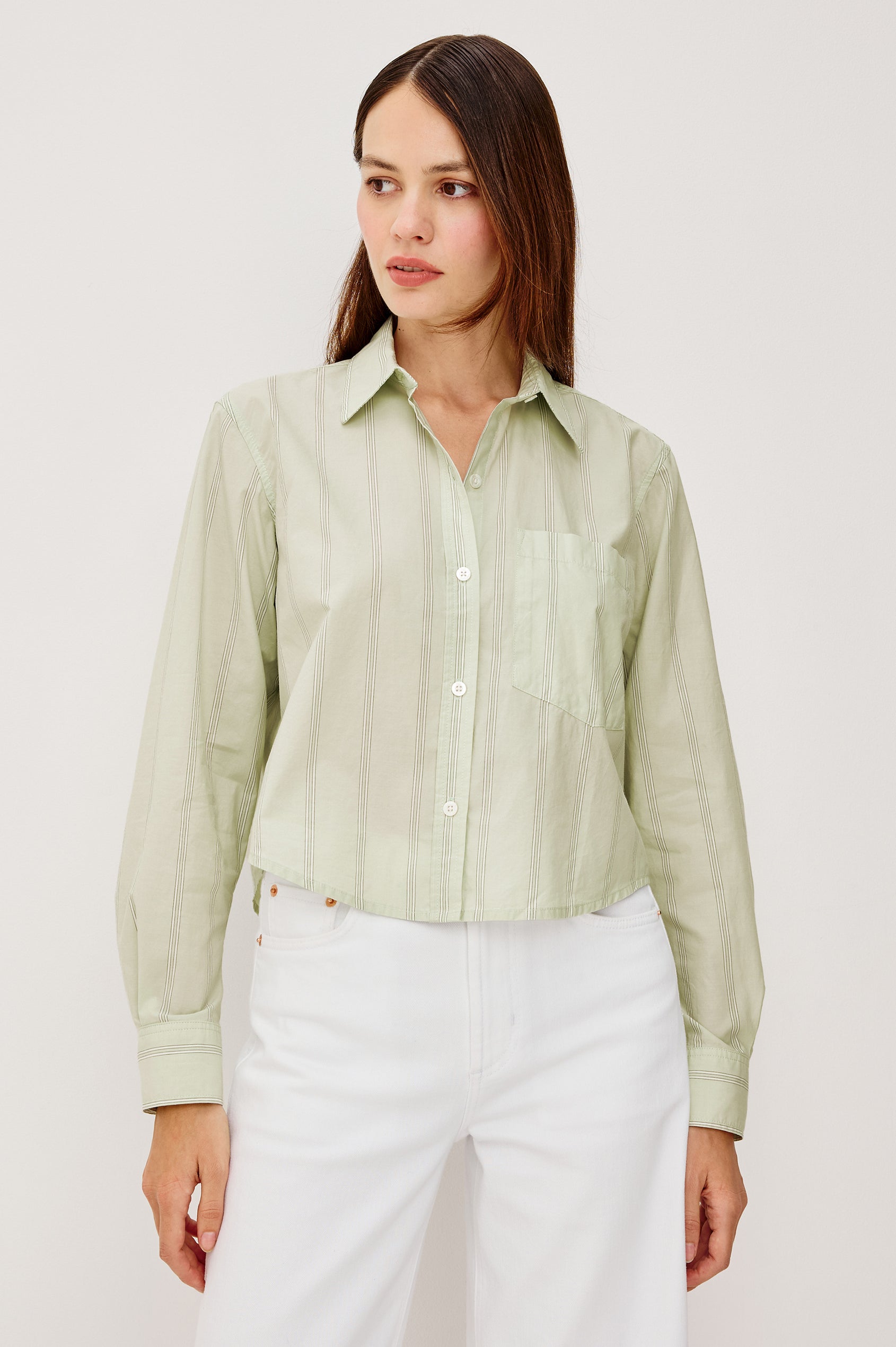 Ramy Cropped Button-Up Collared Shirt With Front Buttons and Long Sleeves in Leon Stripe Colorway - Upper Body Front View Featured on Model