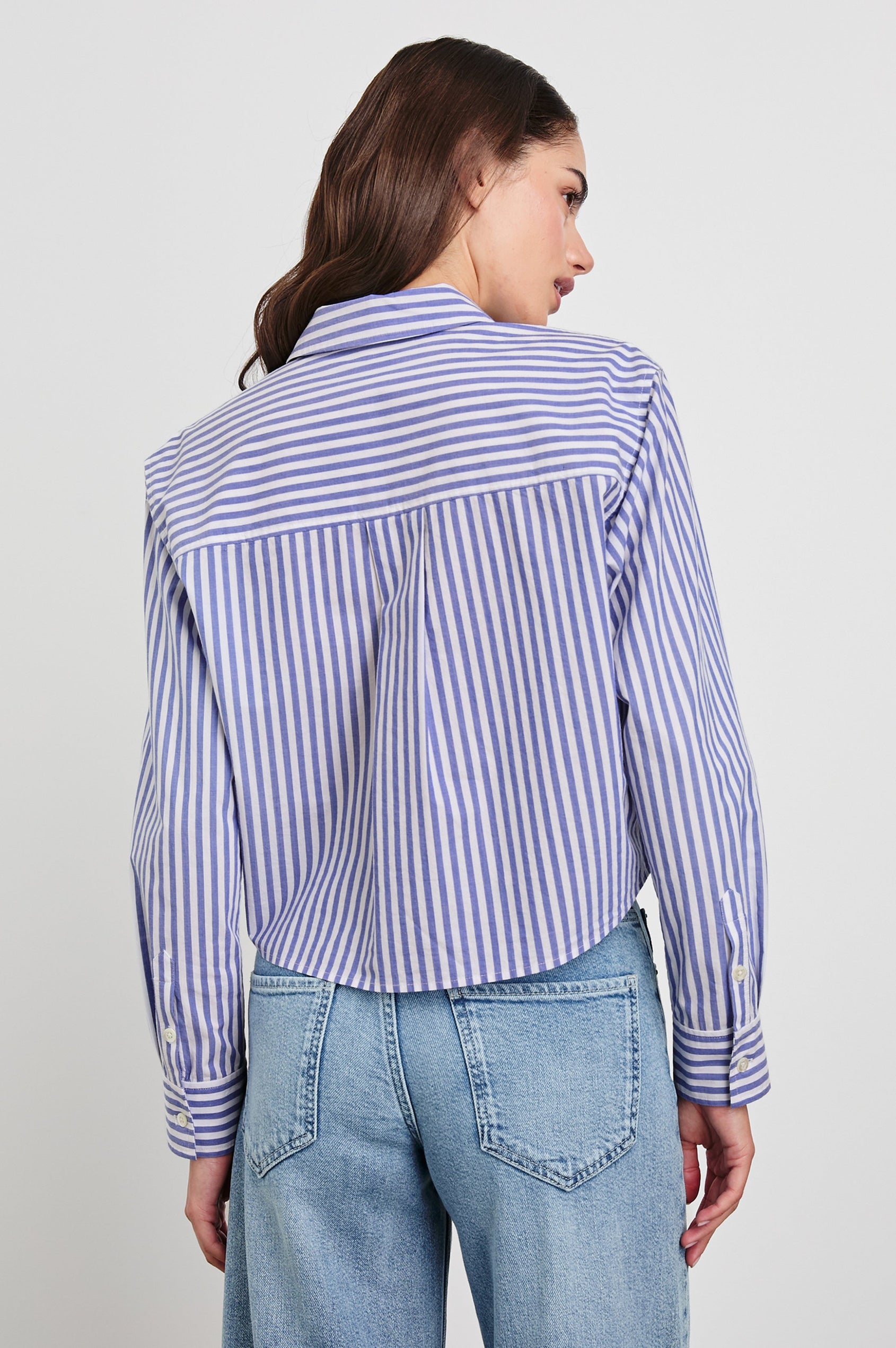 Ramy Long Sleeve Poplin Cotton Shirt With Shortened Hem In Colorway Mariner White Stripe - Back View Featured On Model