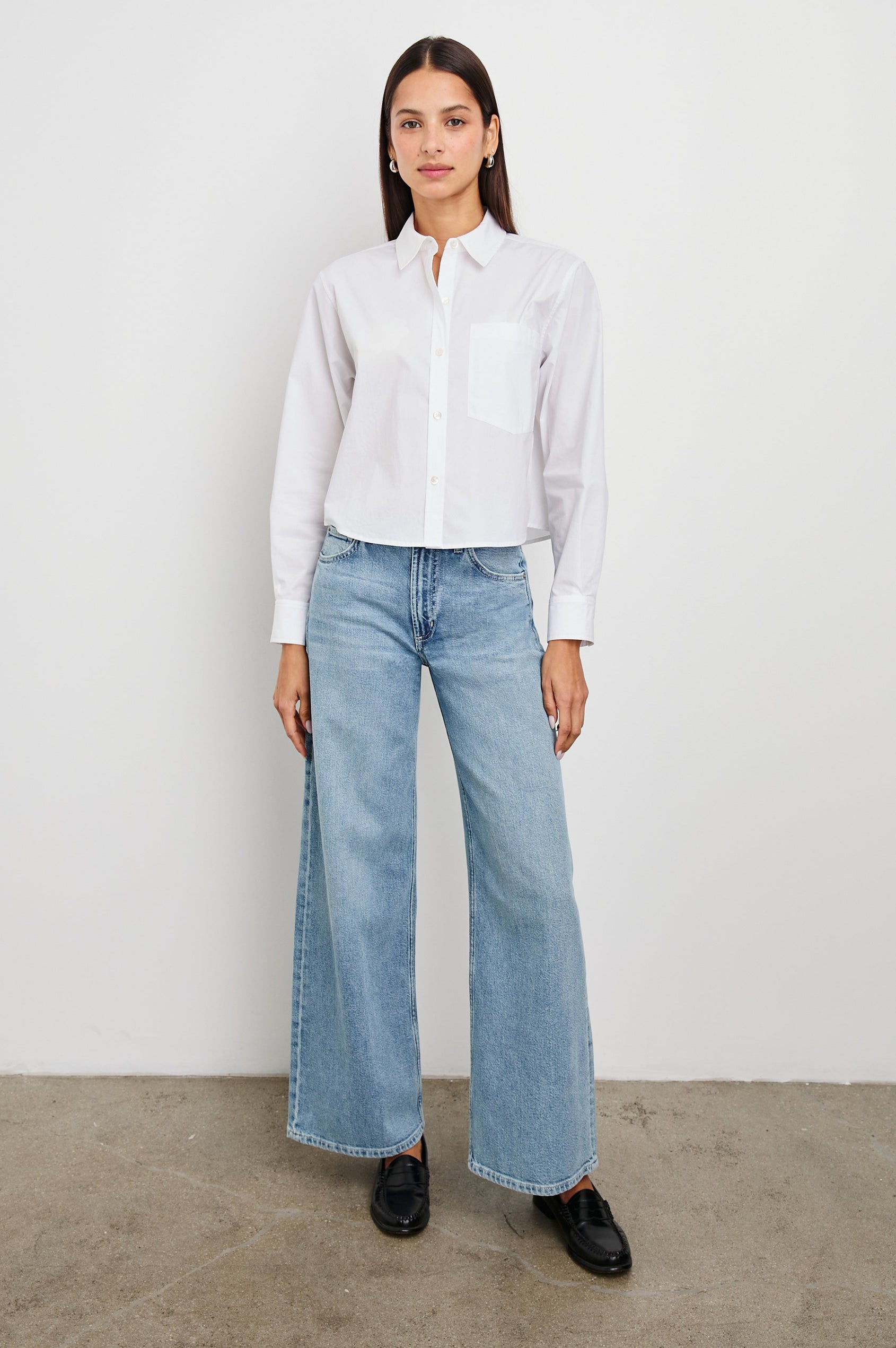 Ramy Long Sleeve Poplin Cotton Shirt With Shortened Hem In Colorway White - Full Front Body View Featured On Model