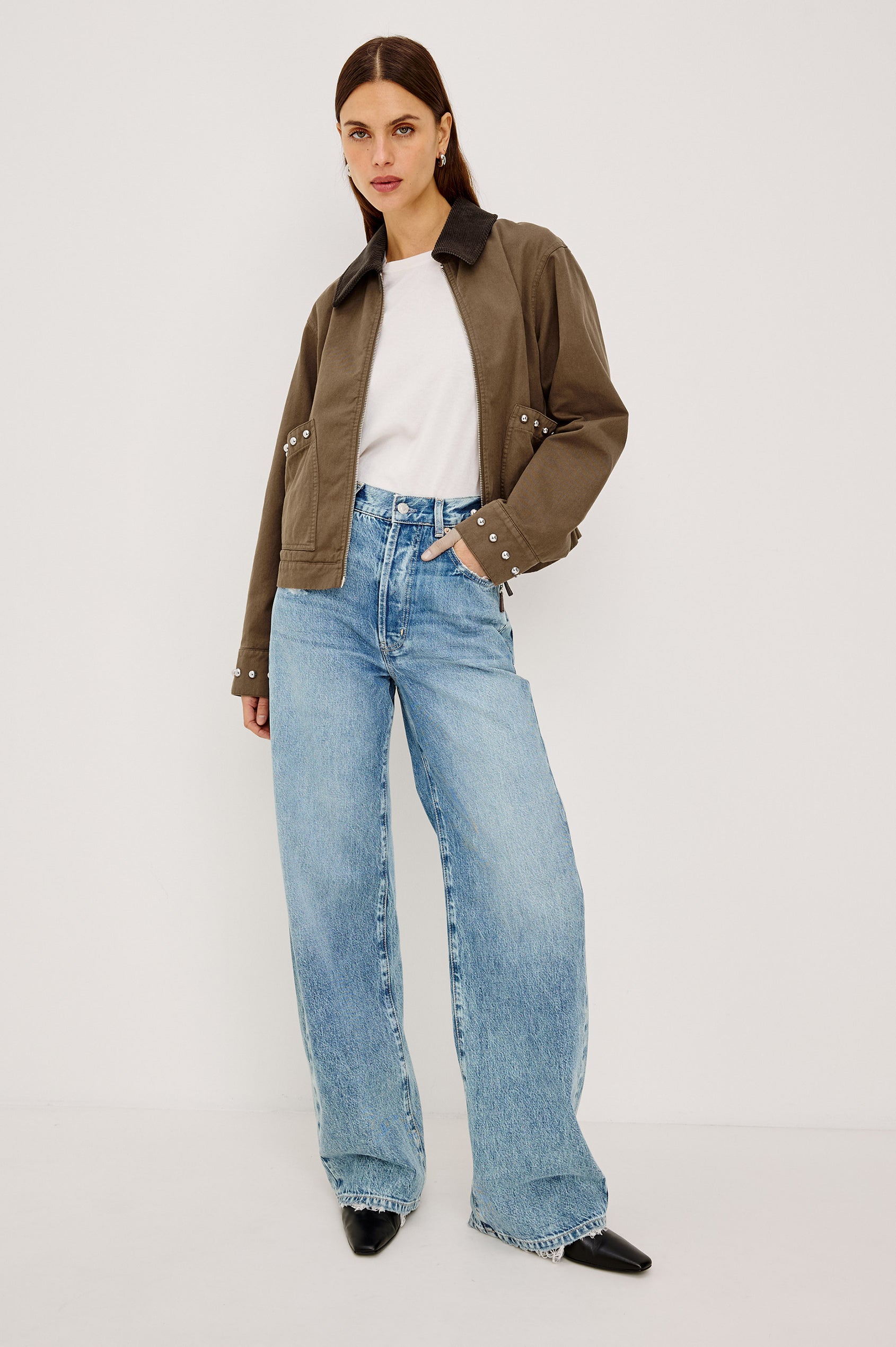 Redding Jacket in Cotton Canvas With Corduroy Collar, Zip Front, Relaxed, Slightly Cropped Relaxed Boxy Fit, Front Patch Pockets, and Dome Stud Detailing in Bronze Colorway - Full Body Front View Featured on Model
