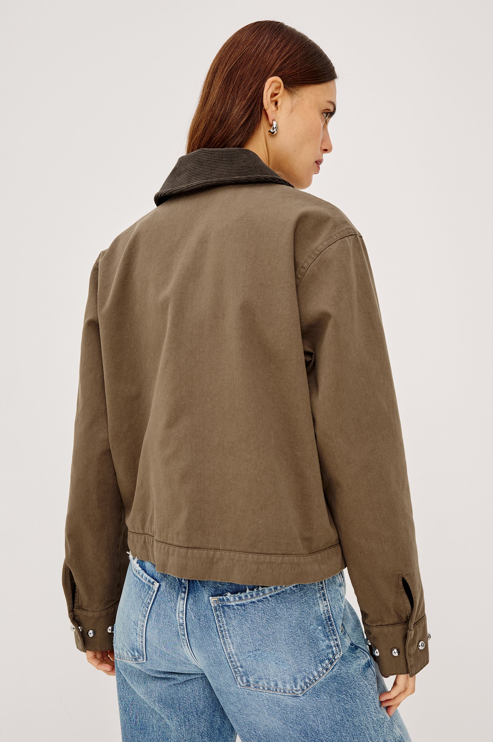 Redding Jacket in Cotton Canvas With Corduroy Collar, Zip Front, Relaxed, Slightly Cropped Relaxed Boxy Fit, Front Patch Pockets, and Dome Stud Detailing in Bronze Colorway - Upper Body Back View Featured on Model
