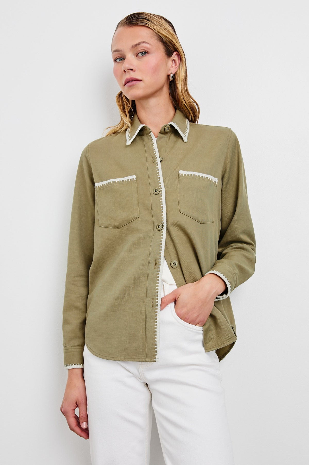 Reigh Jacket with Two Chest Patch Pockets and Button Closure in Pale Olive Colorway with White Trim - Front View Featured on Model