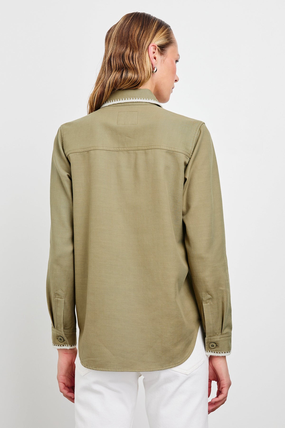 Reigh Jacket with Two Chest Patch Pockets and Button Closure in Pale Olive Colorway with White Trim - Back View Featured on Model