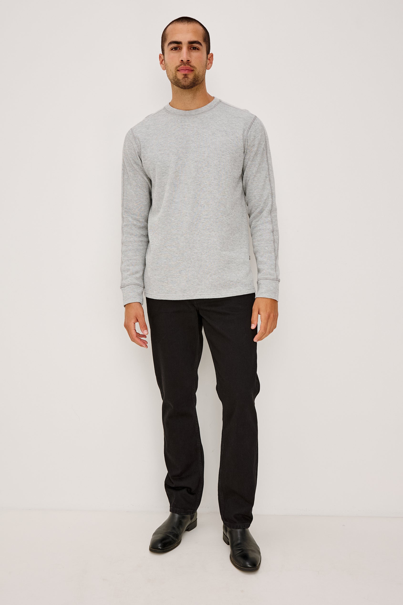 Rheese Long Sleeve Tee in French Rib Cotton With Crew Neckline, Classic Fit, and Seam Detailing in Grey Heather Colorway - Full Body Front View Featured on Model