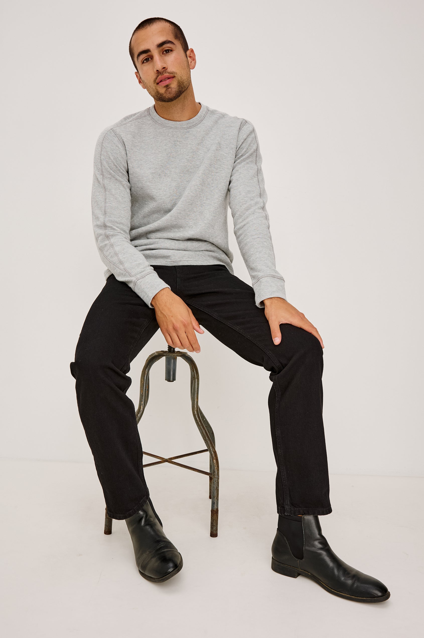 Rheese Long Sleeve Tee in French Rib Cotton With Crew Neckline, Classic Fit, and Seam Detailing in Grey Heather Colorway - Full Body Front View Featured on Model