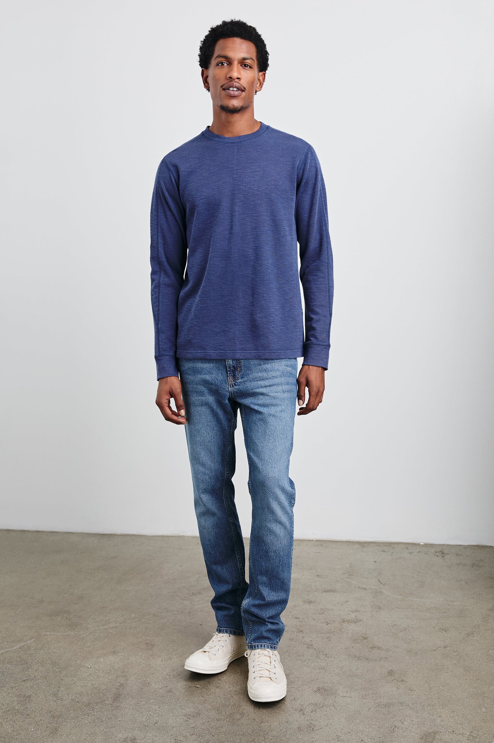 Rheese Long-Sleeve Thermal with Crew Neck and Statement Seams on Sleeves and Back in Vintage Indigo Colorway - Front Full Body View Featured on Model