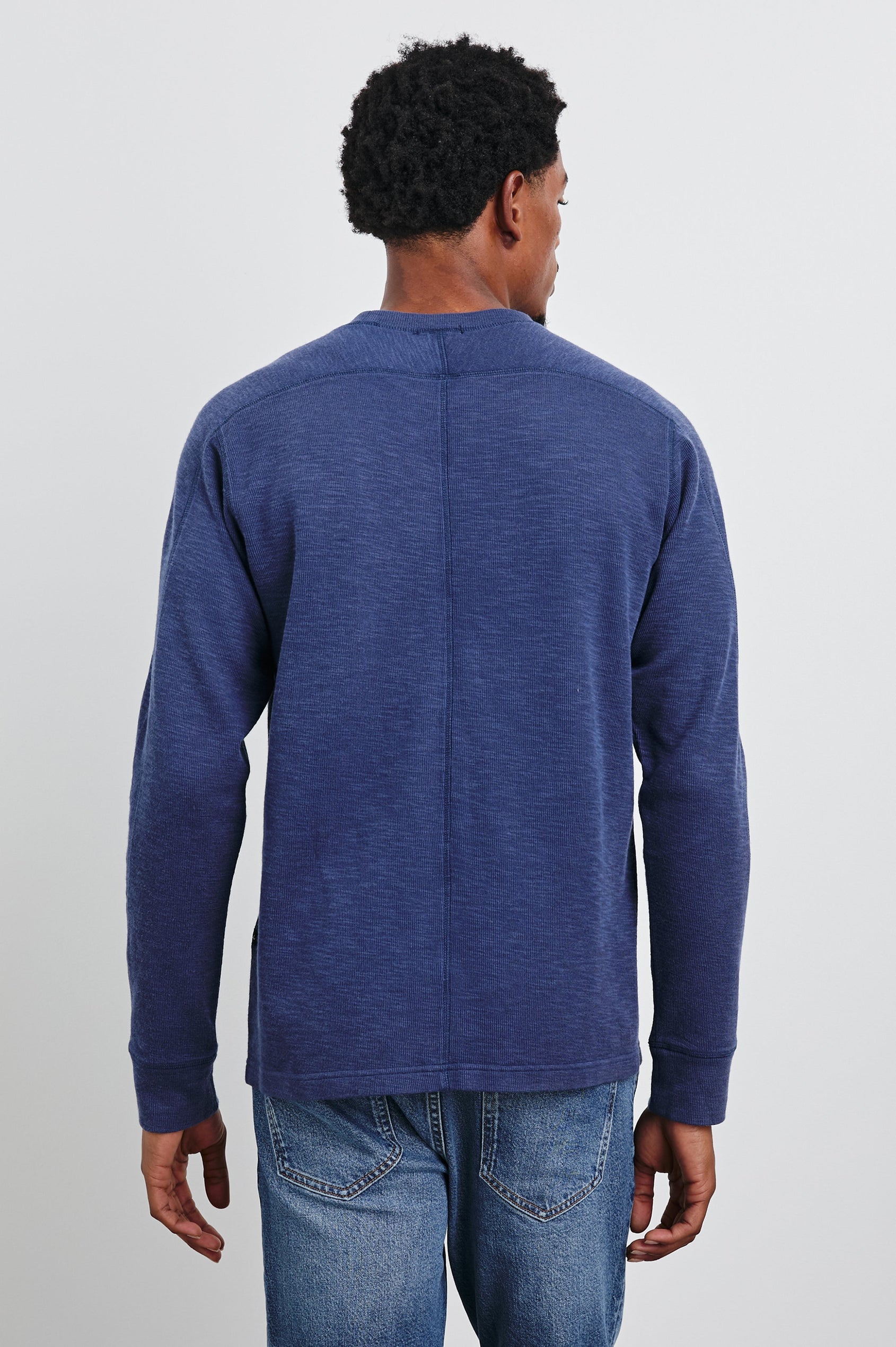 Rheese Long-Sleeve Thermal with Crew Neck and Statement Seams on Sleeves and Back in Vintage Indigo Colorway - Back View Featured on Model