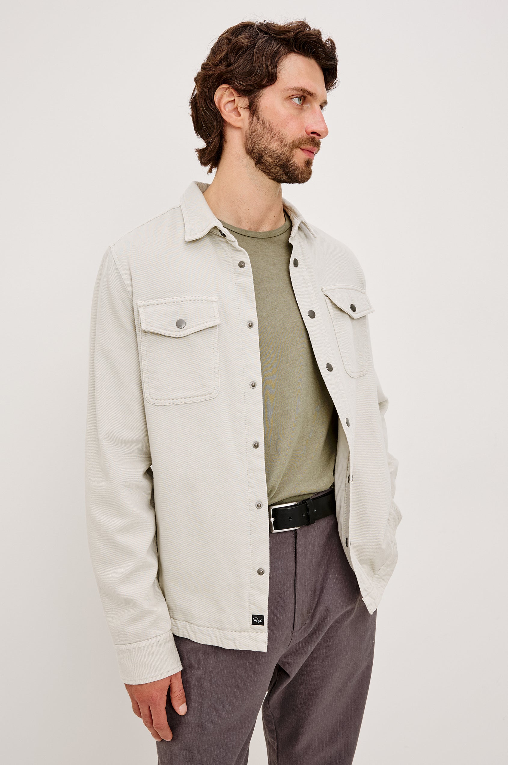 Rhett Shirt Jacket in Brushed Cotton Twill With On-Seam Side Pockets, Jersey Lining, Collar, Snap Button Front and Chest Flap Pockets in Medium Vintage Wash - Upper Body Front View Featured on Model