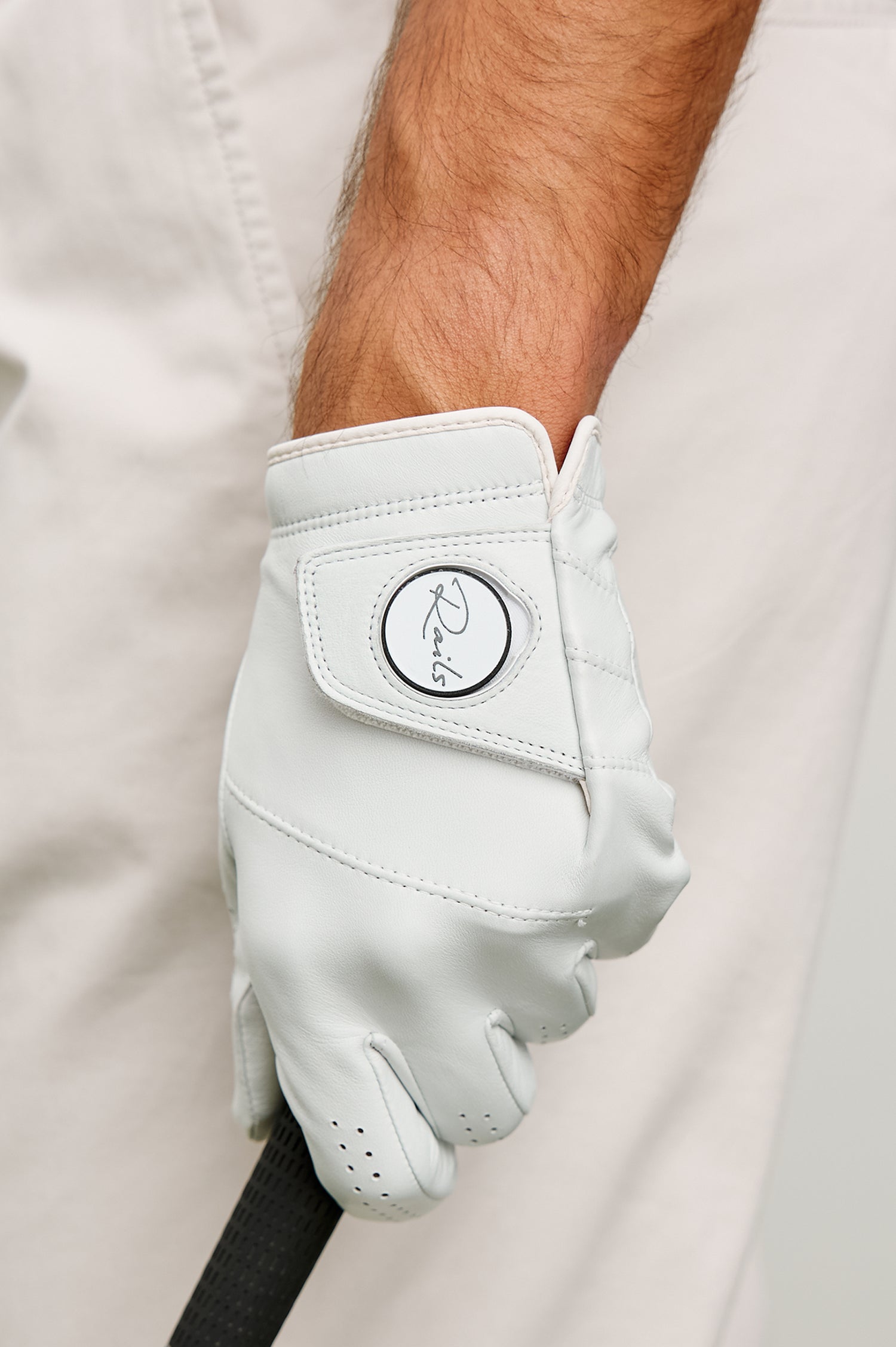 Right Handed Golf Gloves in Leather With Rails Logo Detail in White Colorway - Stylized Product View Featured
