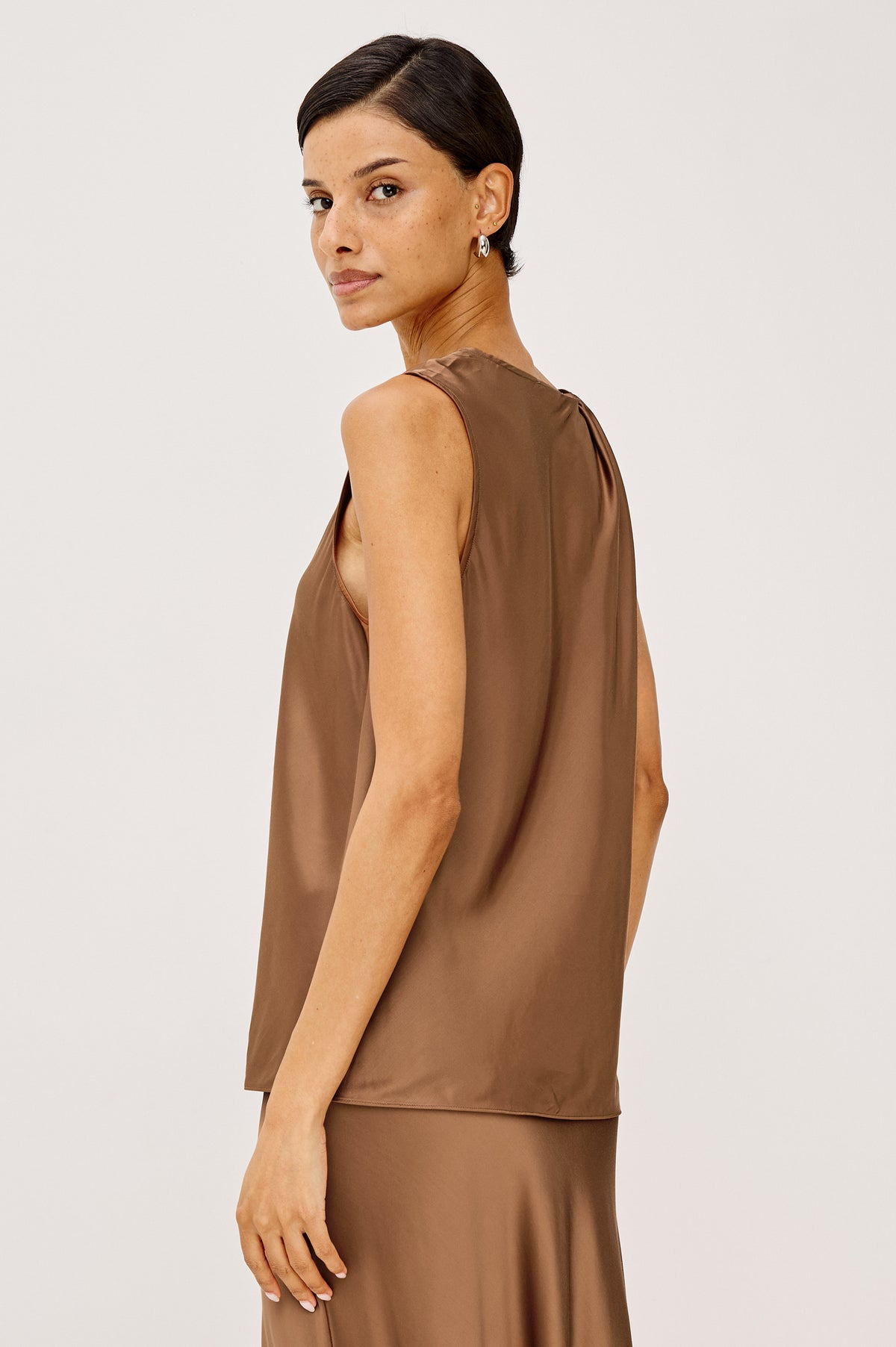 Romina Maxi Skirt Bias Cut in Satin-Back Crepe With Elastic High Waist in Cinnamon Colorway - Upper Body Back View Featured on Model